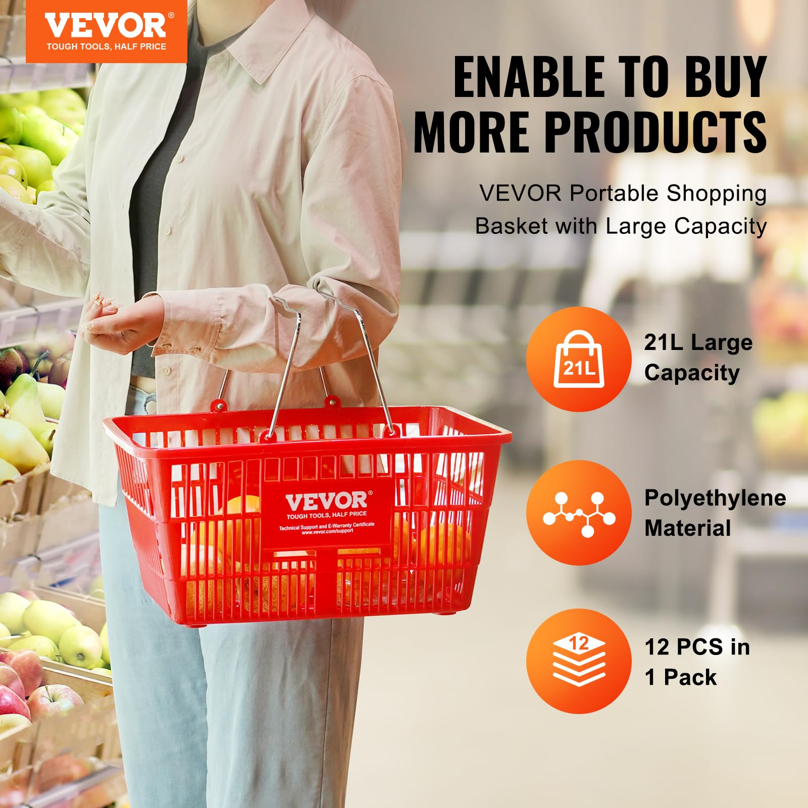 VEVOR 12-Pack Durable Plastic Shopping Baskets with Metal Handle & Stand, 21L Capacity (16.73