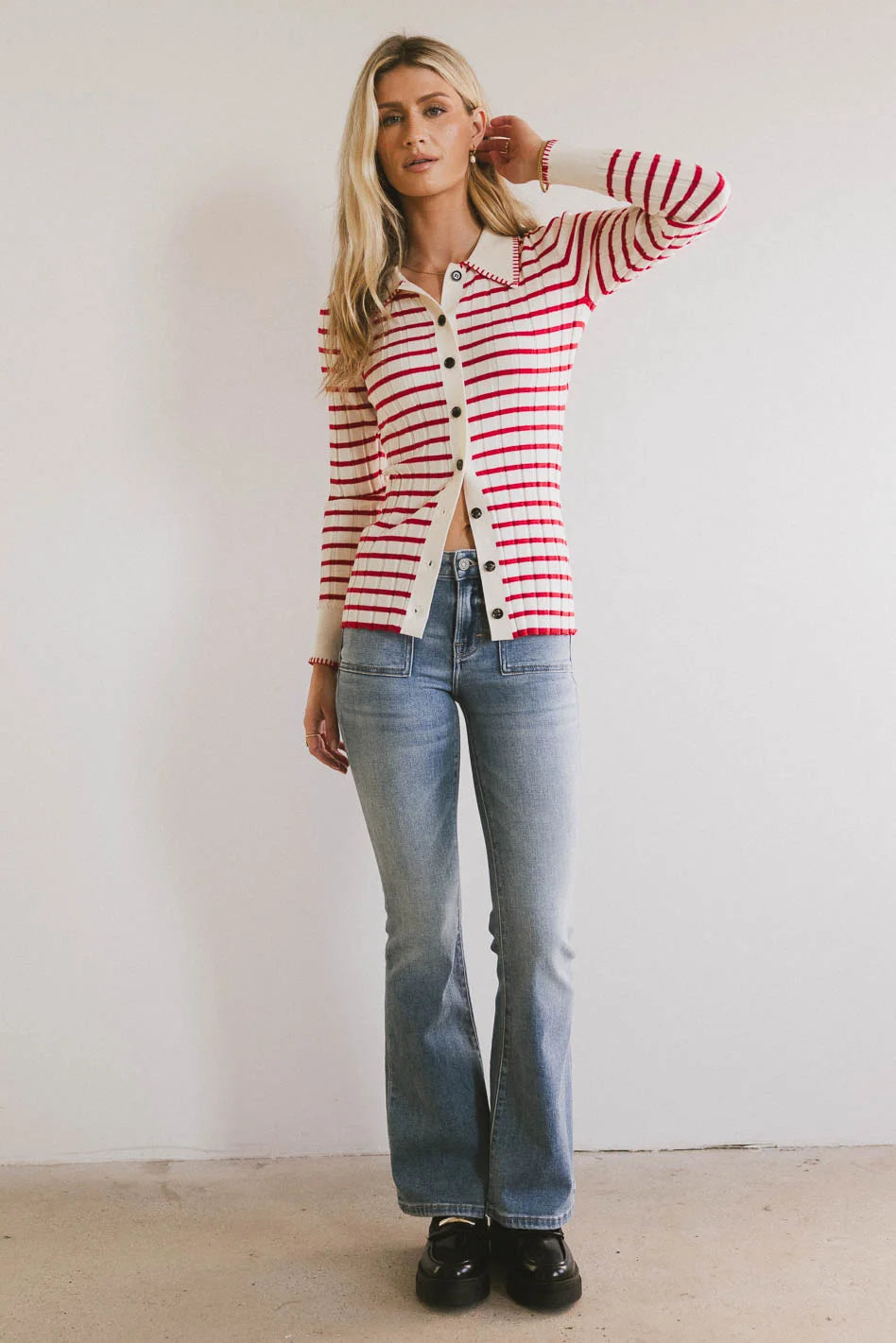 Harrison Women's Striped Collared Shirt - Long Sleeve Button Down Blouse in Red | Casual Office Wear & Spring Outfits