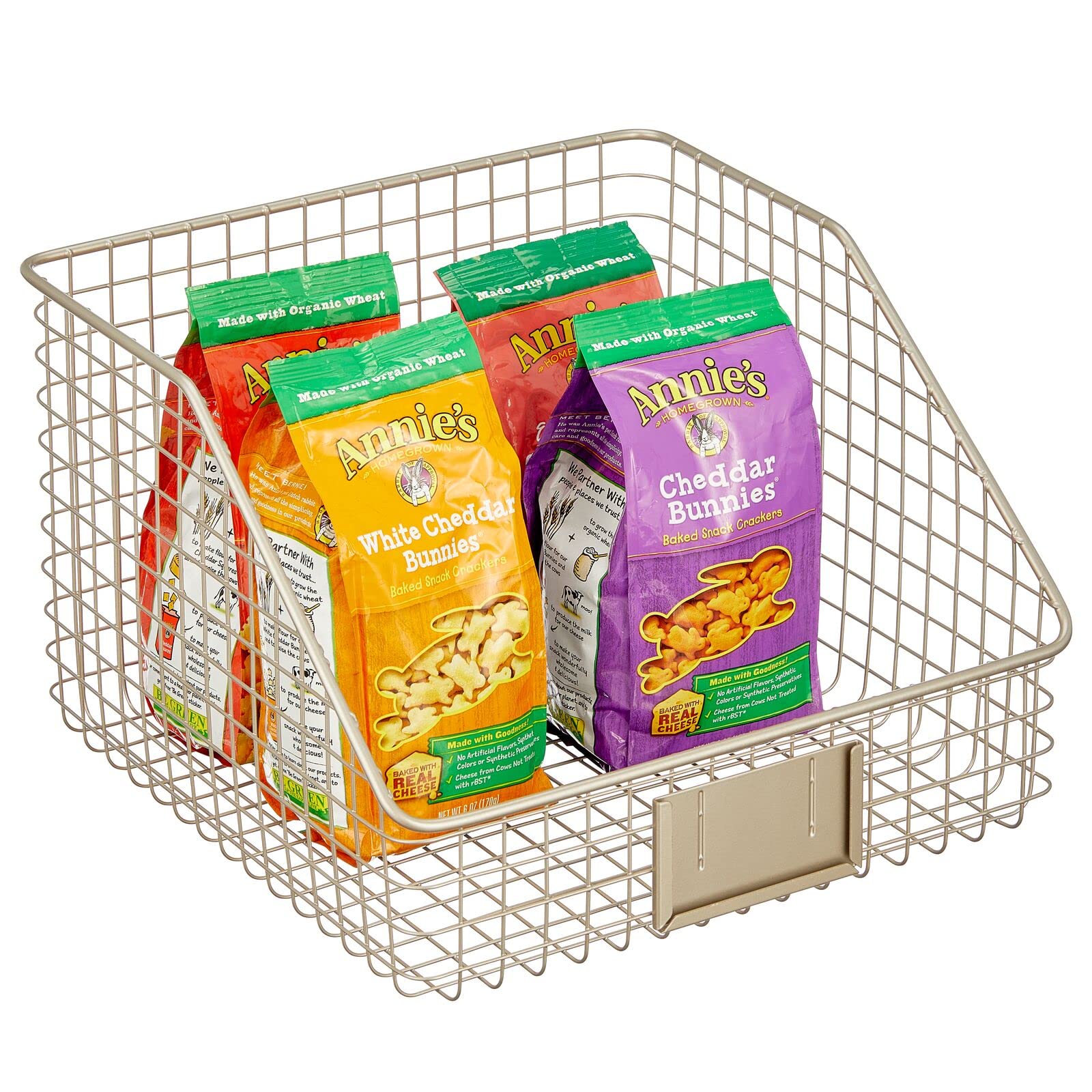 mDesign Slanted Metal Kitchen Food Storage Organizer Bin Basket with Label Slot - Cabinet, Countertop & Pantry Organizer for Produce, Fruits & Vegetables | Omaha Collection, 2-Pack, Satin Finish | Perfect for Kitchen Organization & Decluttering