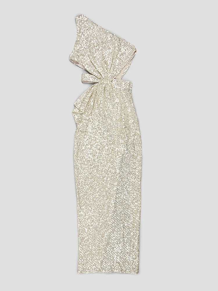 Elegant Backless Sequin Formal Dress for Women - Diagonal Collar Sleeveless High Waist Folding Gown, Solid Color Evening Wear (2024 New) | Perfect for Prom, Cocktail Parties, Weddings & Special Occasions