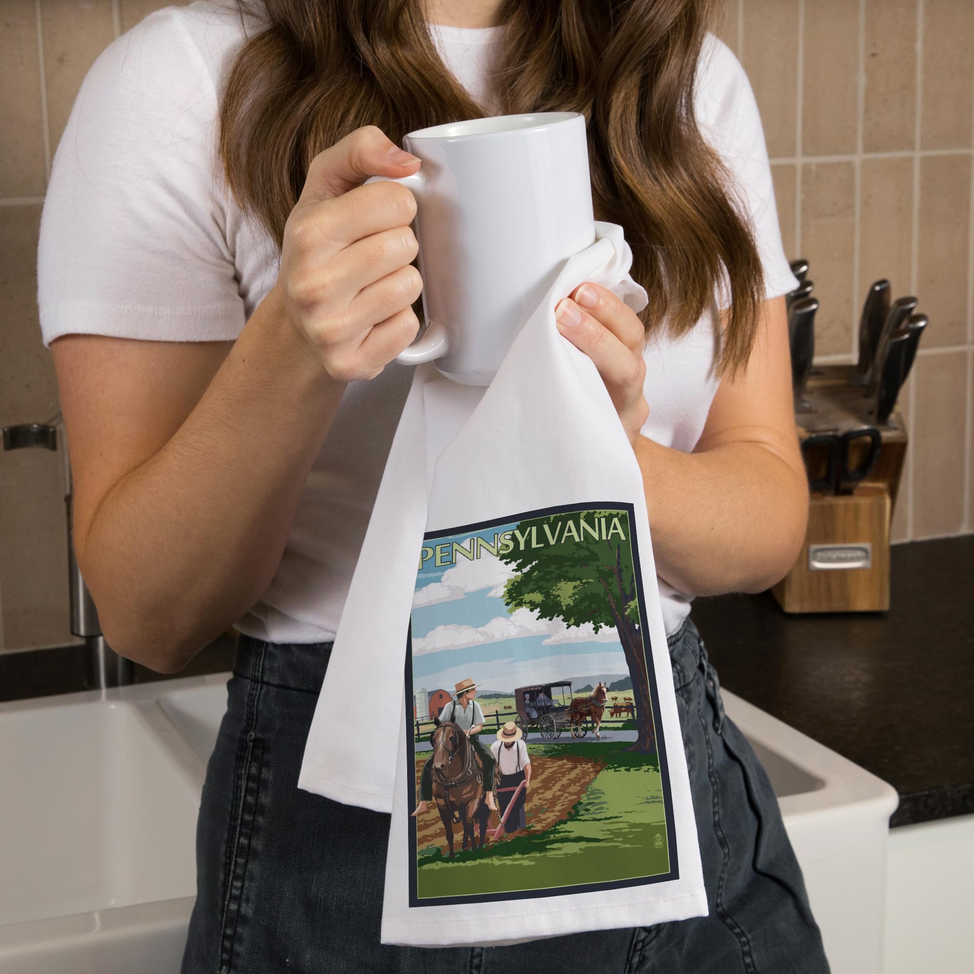 Lantern Press Pennsylvania Amish Farm Scene Tea Towel - 100% Cotton Decorative Hand Towel for Kitchen & Home | Farmhouse Decor, Dish Drying, Gift Idea