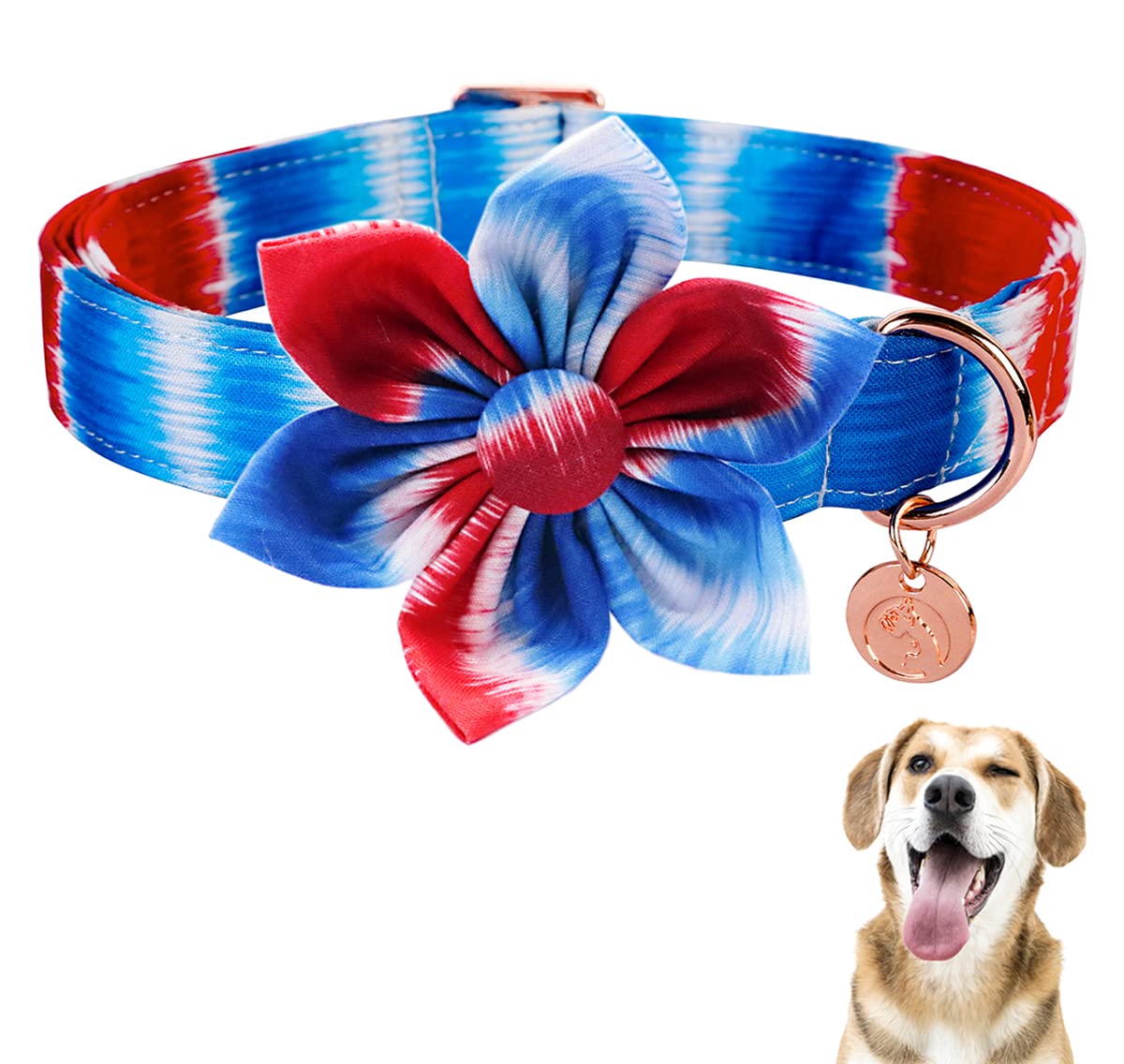 DOGWONG Tie Dye Cotton Dog Collar with Flower Pattern - Adjustable, Comfortable & Durable Pet Collar for Small, Medium & Large Dogs - Perfect for Walks, Training & Outdoor Adventures