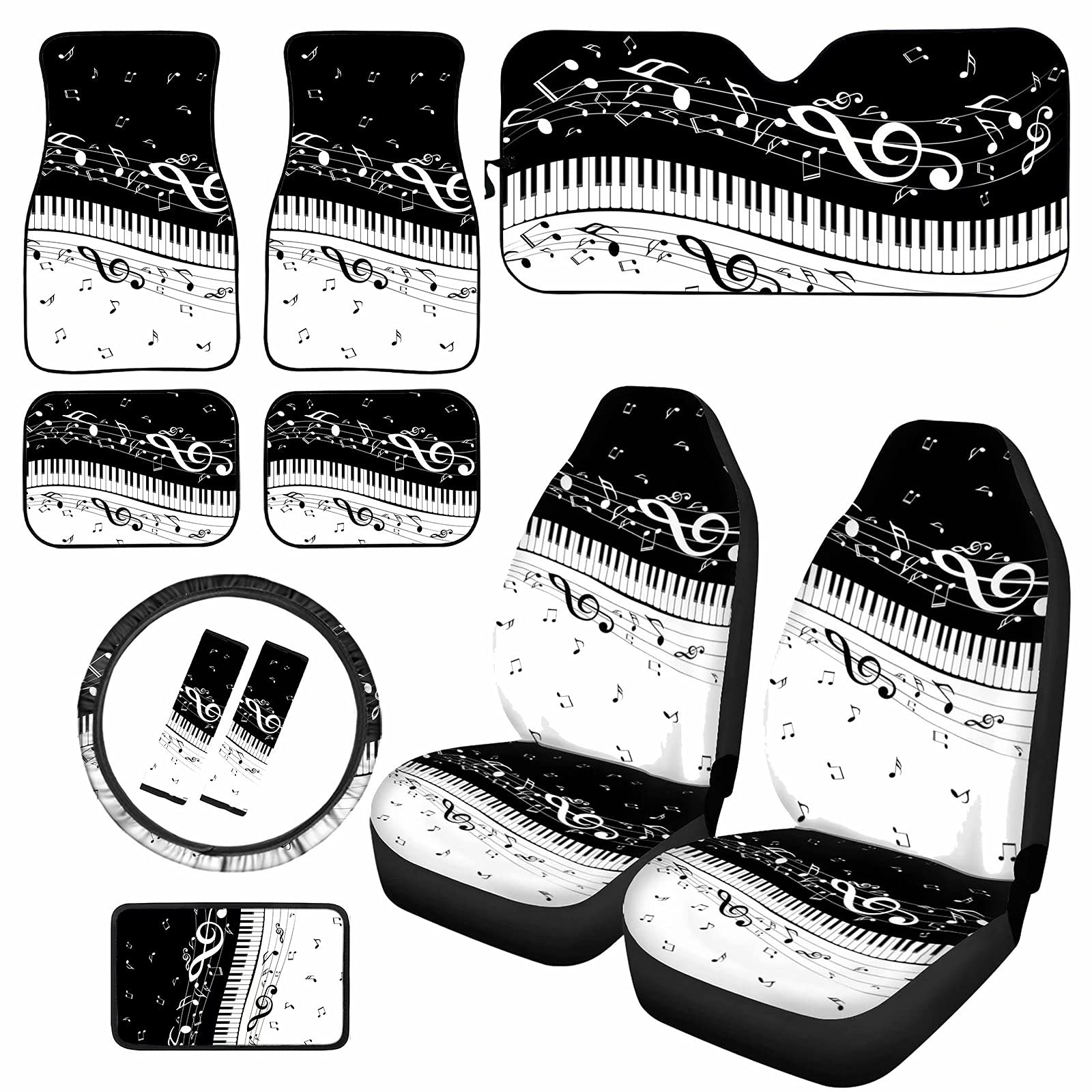 Dolyues Shoulder Belt Pads - Black & White Music Note Pattern Car Accessories Set for Women | Front Seat Covers, Armrest Protector, Steering Wheel Cover & All-Weather Floor Mats | Perfect for Daily Commute, Road Trips & Car Interior Protection