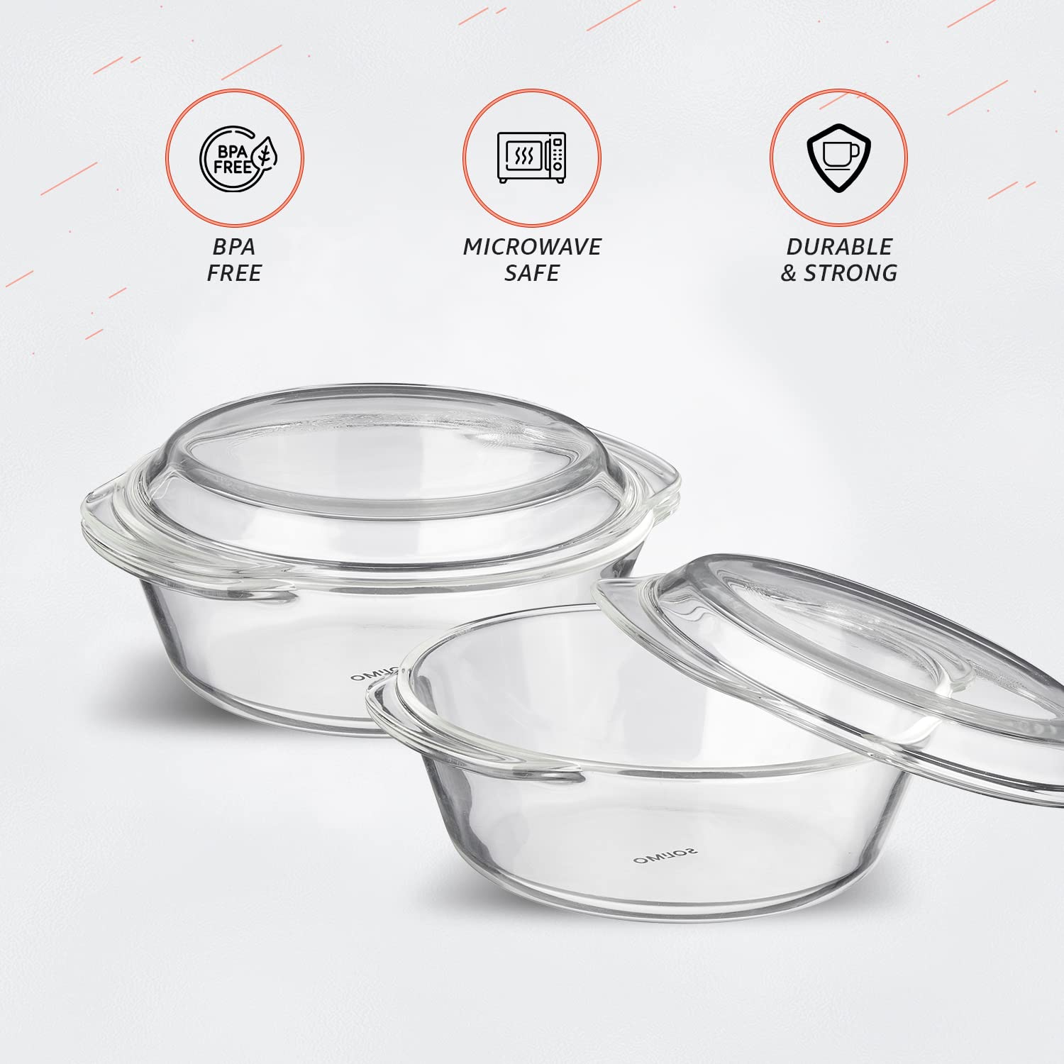 Solimo Borosilicate Glass Casserole & Serving Bowl with Lid - 2L (2000ml) Oven & Microwave Safe Deep Round Dish for Baking, Cooking & Food Storage | Perfect for Casseroles, Soups, Meal Prep & Entertaining