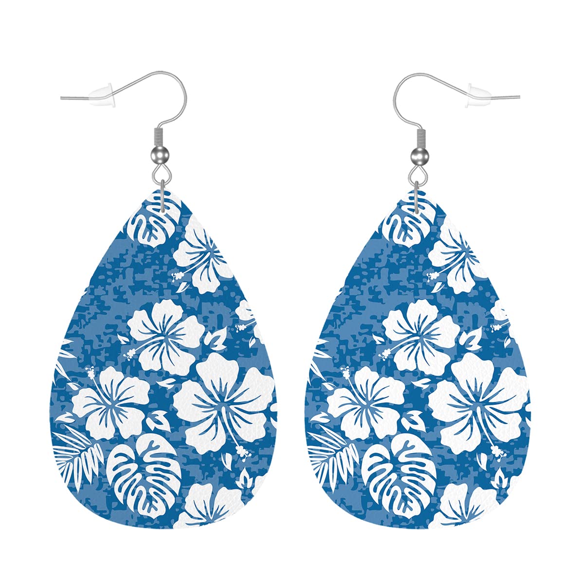 Zokola Tropical Hibiscus Flower Earrings for Women - Blue Camouflage Leather Dangle Earrings with Teardrop Design | Lightweight Double-Sided Hawaiian Style Jewelry | Perfect for Beach Vacations, Summer Parties & Boho Fashion