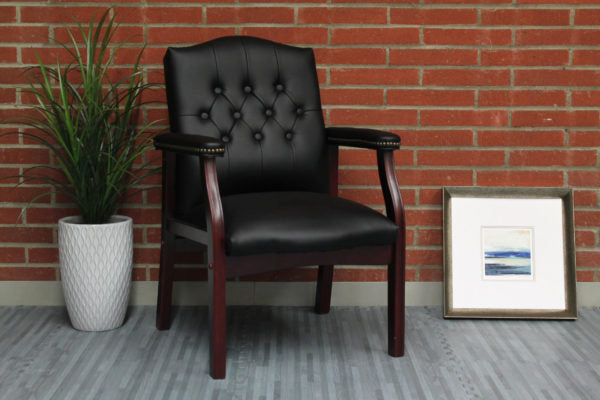 Boss Traditional Black Caressoft Guest Chair with Mahogany Finish - Elegant Accent & Dining Chair for Home & Office (Model B959) | Perfect for Living Rooms, Dining Areas & Reception Spaces