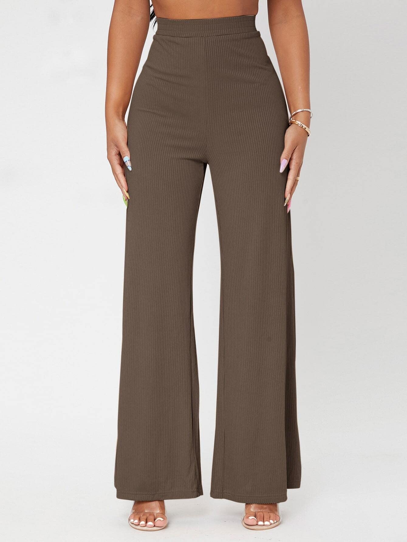 LIHANA Women's Summer Casual Wide Leg Pants - Soft Rib-Knit High Waist Trousers for Business, Office Work & Vacation | Comfortable Lounge Pants for Travel, Beach & Everyday Wear