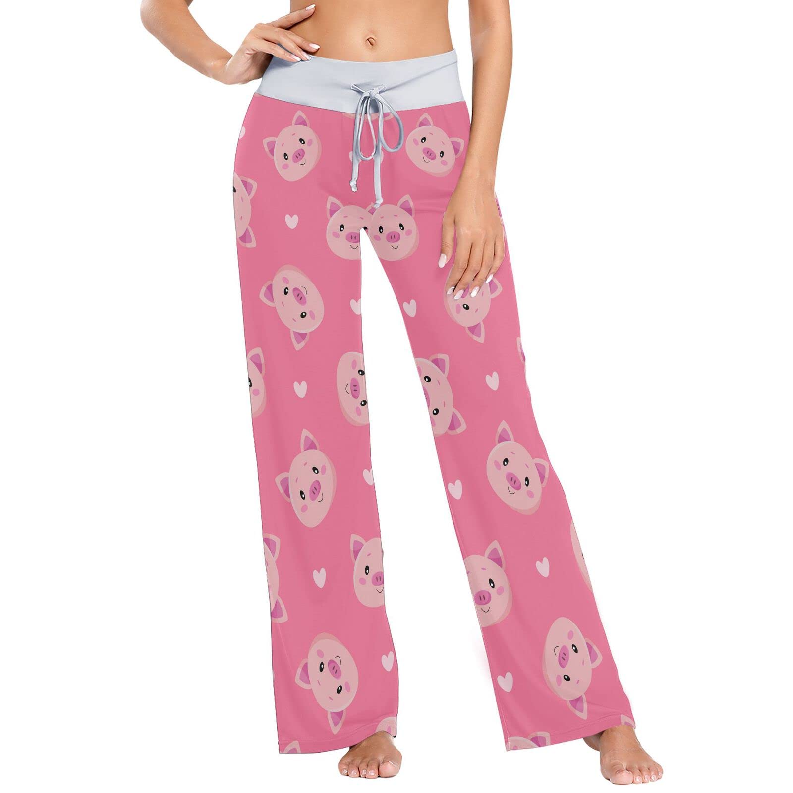 Women's Cute Cartoon Pig Pink Pajama Pants - Soft Wide Leg Lounge Sleepwear for Relaxing at Home & Sleepovers