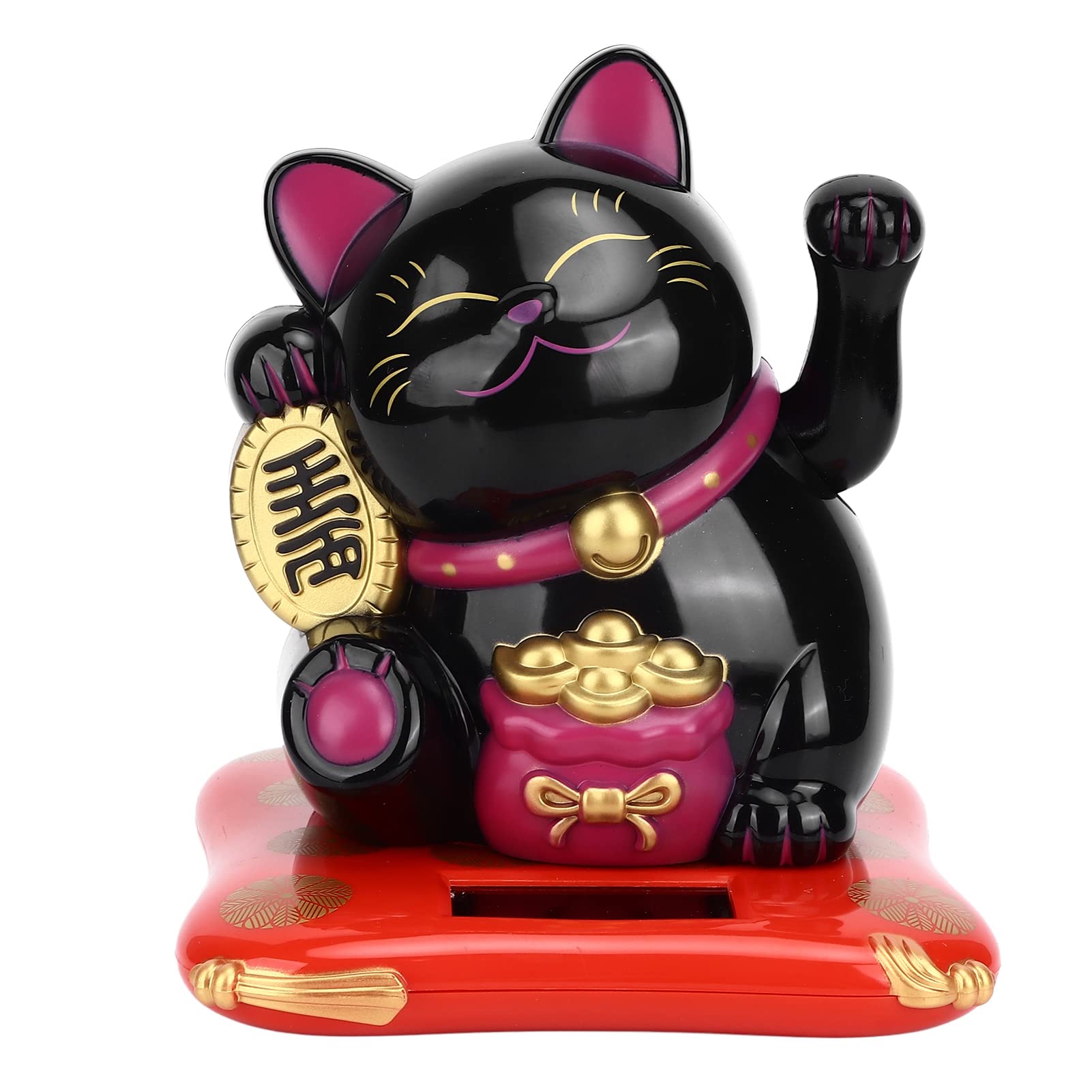 Solar Powered Lucky Cat Waving Fortune Statue - Black Feng Shui Wealth & Good Luck Decor for Home, Office, Restaurant - Perfect for Desk Display & Gift Giving