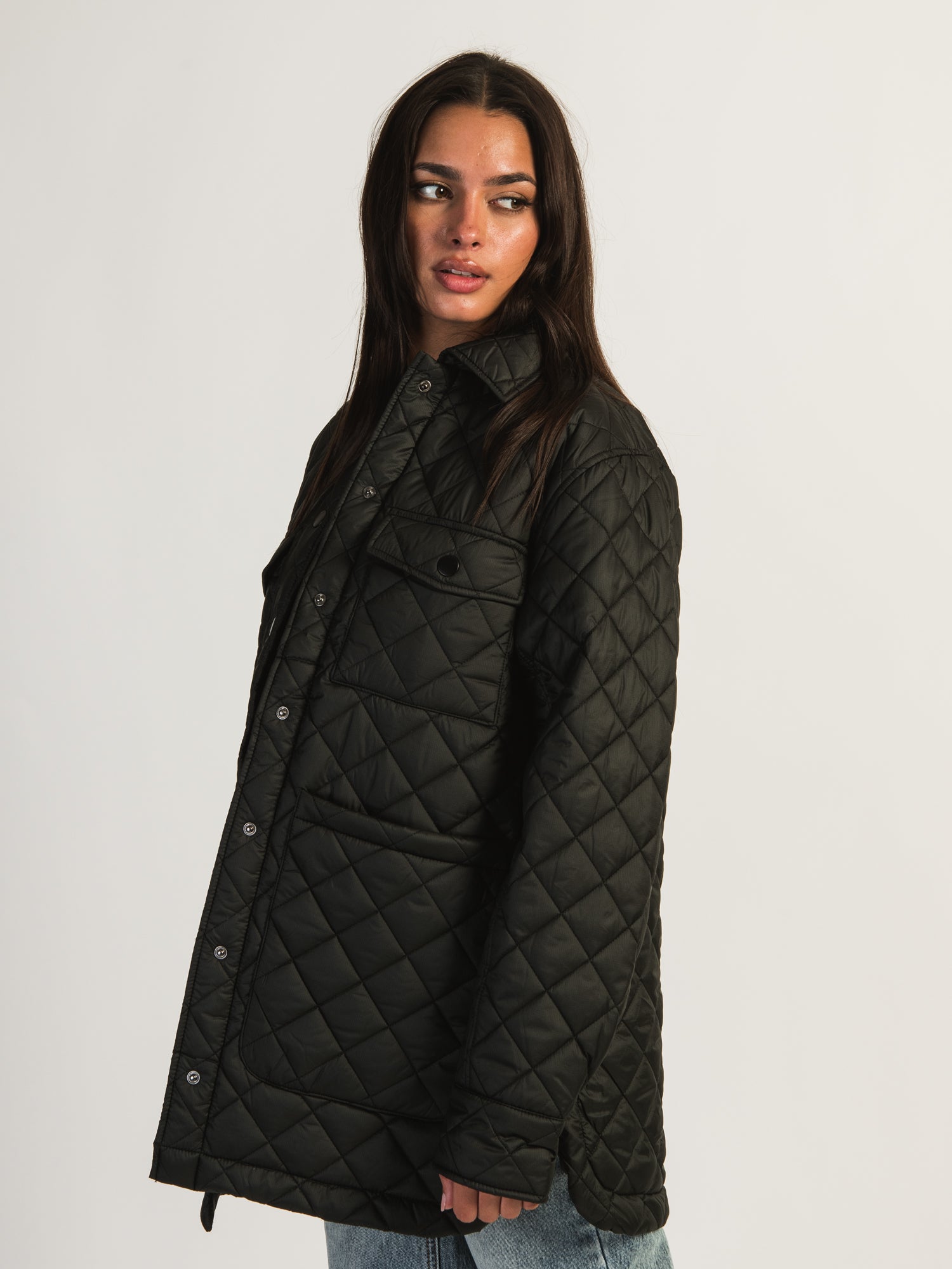 B.YOUNG ALETTA Quilted Puff Sleeve Shirt Jacket for Women - Stylish Winter Outerwear for Casual Outings & Office Wear