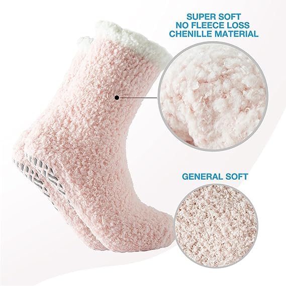 Bulinlulu Women's Non-Slip Fuzzy Socks with Grips - 5 Pairs Warm Fluffy Slipper Socks for Indoor & Outdoor Wear - Cozy Winter Socks for Home, Office, and Travel