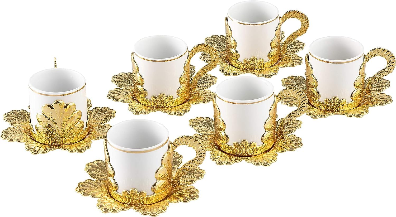 Authentic Handmade Turkish Coffee Cups Set of 6 - Porcelain Espresso Cups with Saucers, Arabic Greek Bosnian Coffee Set - Gold Gilded Design (2.36 Oz) - Perfect for Home Brewing, Gift Giving & Traditional Coffee Ceremonies