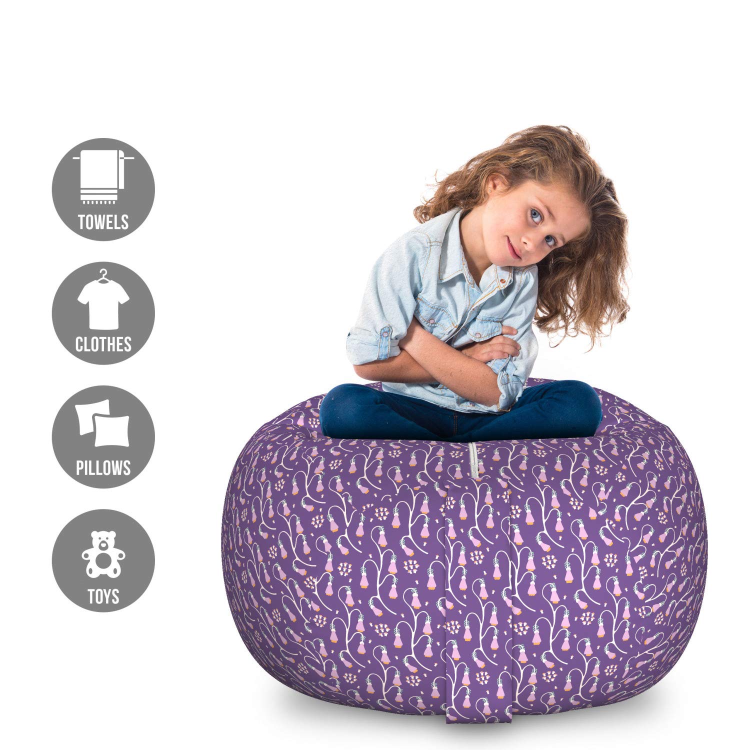 Ambesonne Floral Storage Toy Bag Chair - Large Washable Stuffed Animal Organizer with Botanical Blossom Design in Violet & Champagne | Perfect for Kids' Room, Nursery, or Playroom Organization