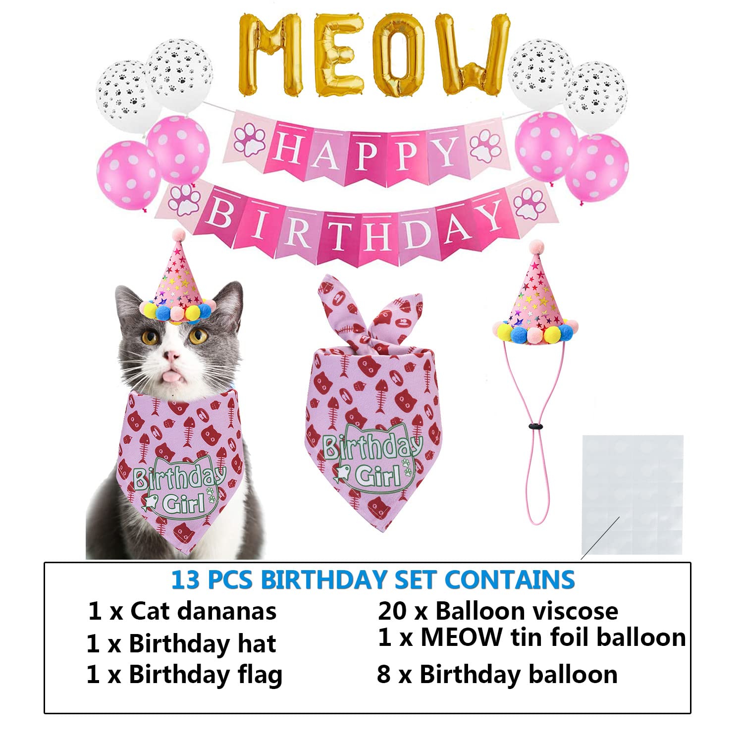 TCBOYING Cat Birthday Bandana & Hat Scarf - Cute Pet Birthday Party Decorations for Cats & Dogs - Perfect for Birthday Celebrations, Photo Shoots & Special Occasions