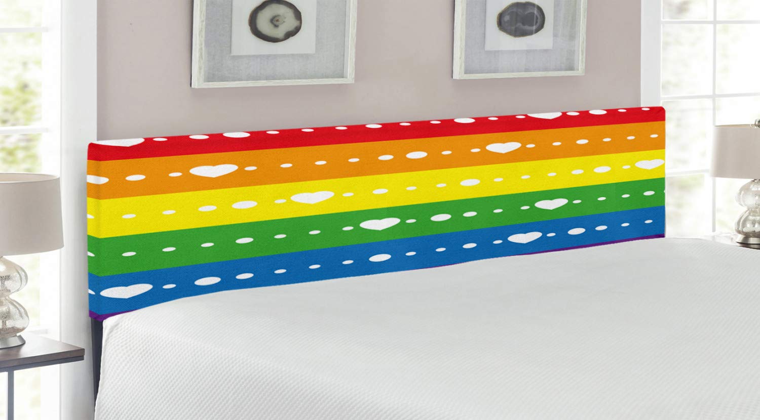 Ambesonne Pride Headboard - King Size Upholstered Metal Bed Frame with Memory Foam | Horizontal Striped LGBTQ+ Flag Design in Rainbow Colors & Heart Dots | Perfect for Bedroom Decor, Pride Month Celebrations & Gender-Neutral Home Styling