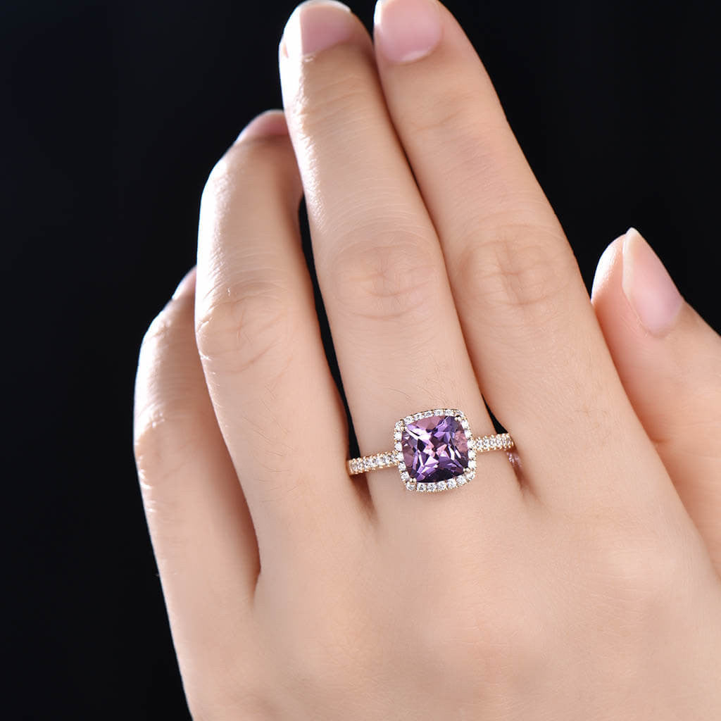 Exquisite Purple Amethyst Diamond Halo Engagement Ring - Cushion Cut Gemstone Jewelry for Weddings, Proposals & Anniversary Gifts