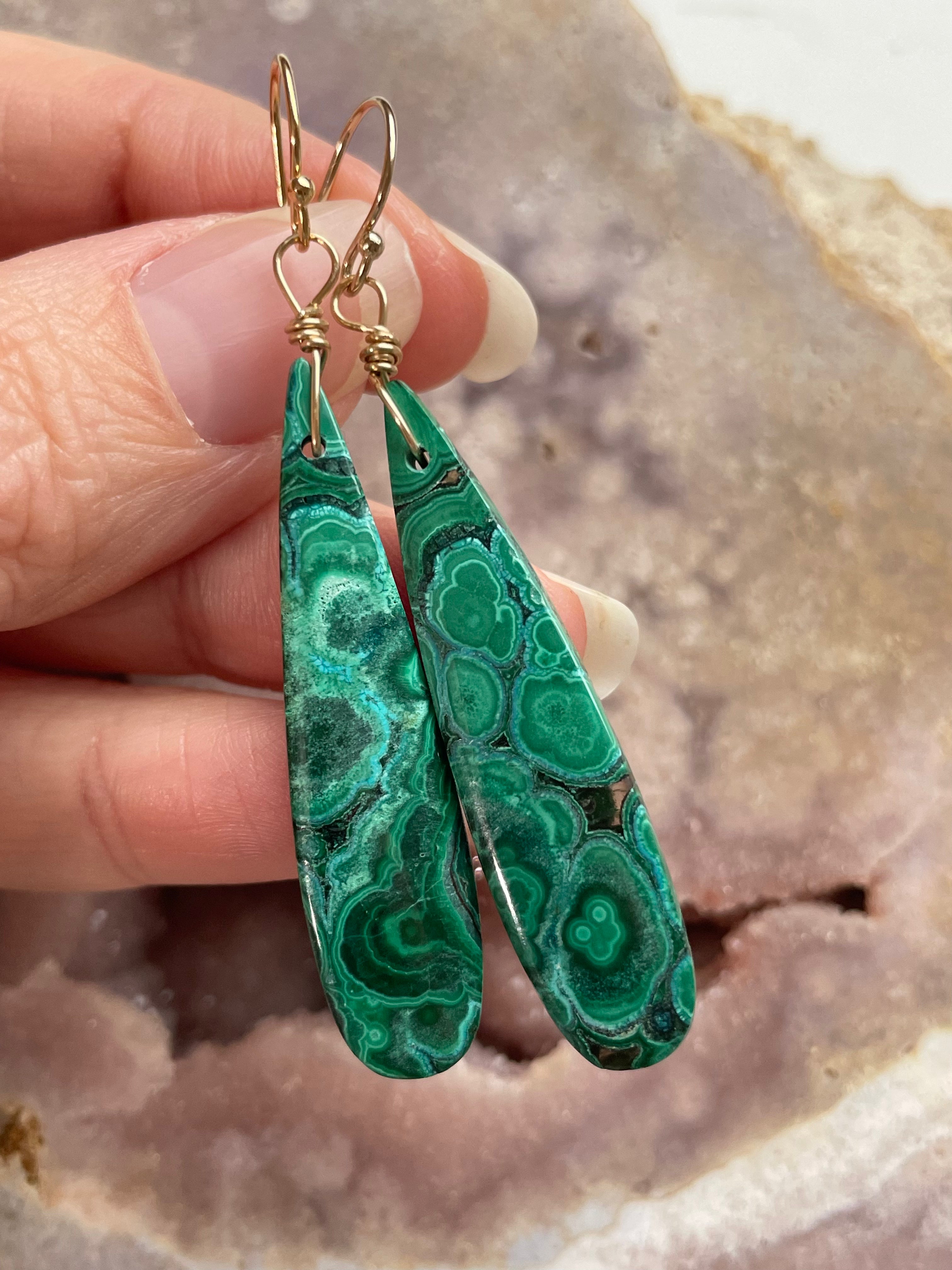 14kt Gold Filled Malachite Crystal Dangle Earrings for Women - Elegant Green Gemstone Jewelry for Parties, Weddings & Special Occasions