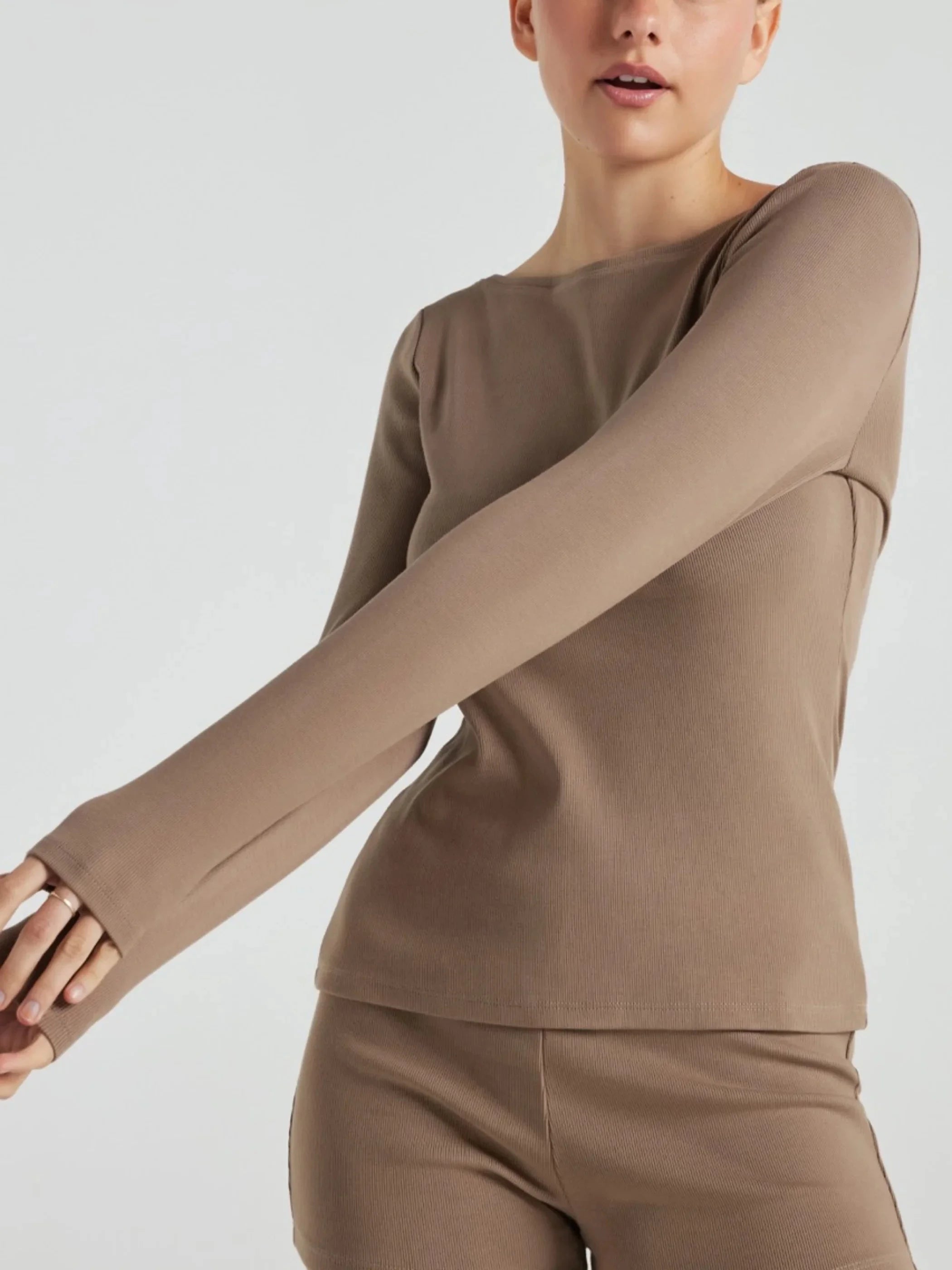 Serene Rib Long Sleeve Top for Women - Soft Pine Bark Color Crewneck Blouse - Perfect for Work, Casual Outfits & Layering