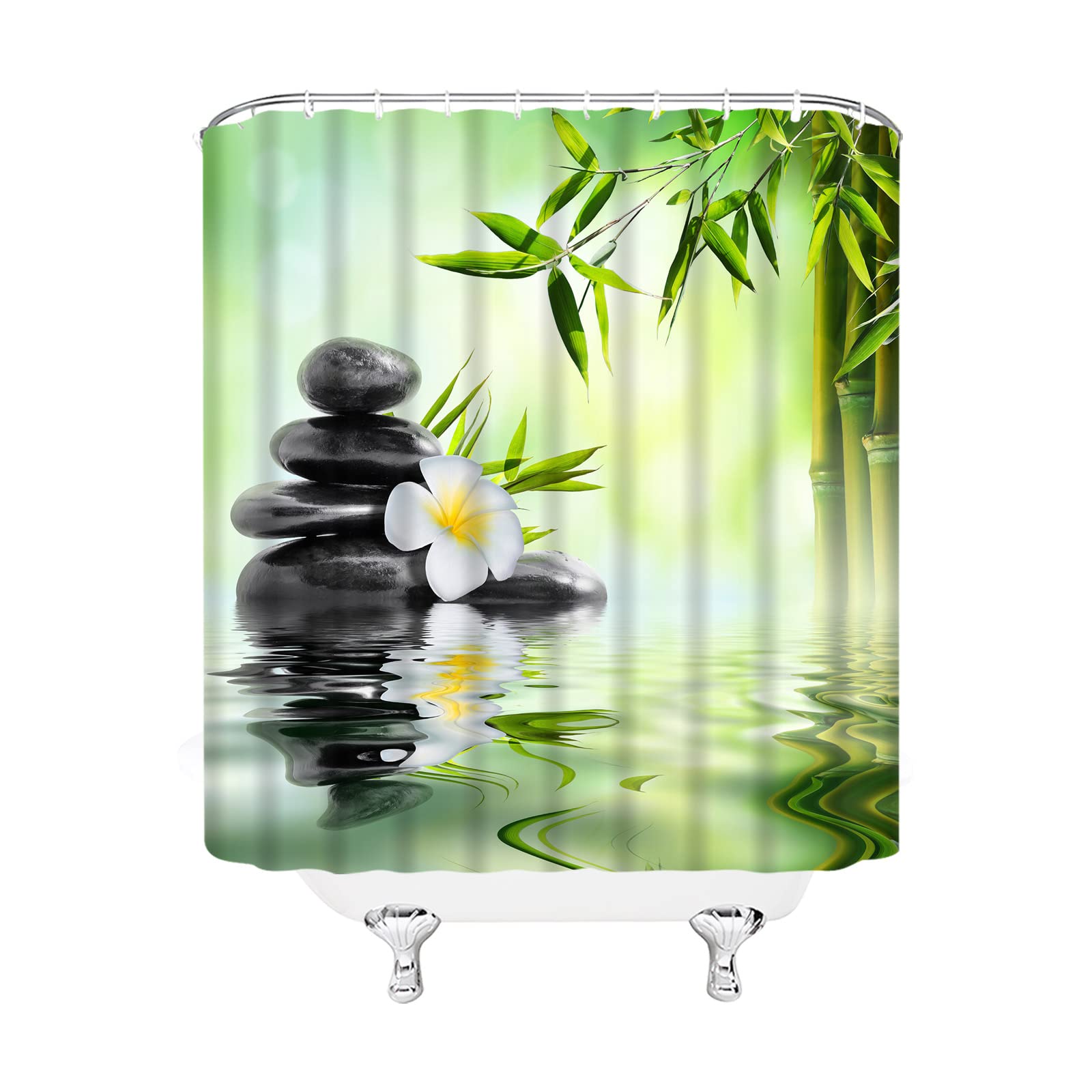 Zen Garden Shower Curtain - Green Bamboo Leaf & White Flower Design with Black Stone Water Landscape - Spa Themed Bathroom Decor - 70 x 70 Inch Cloth Hanging Curtain Set with Hooks - Perfect for Relaxing Baths, Meditation Spaces & Asian-Inspired Home Decor