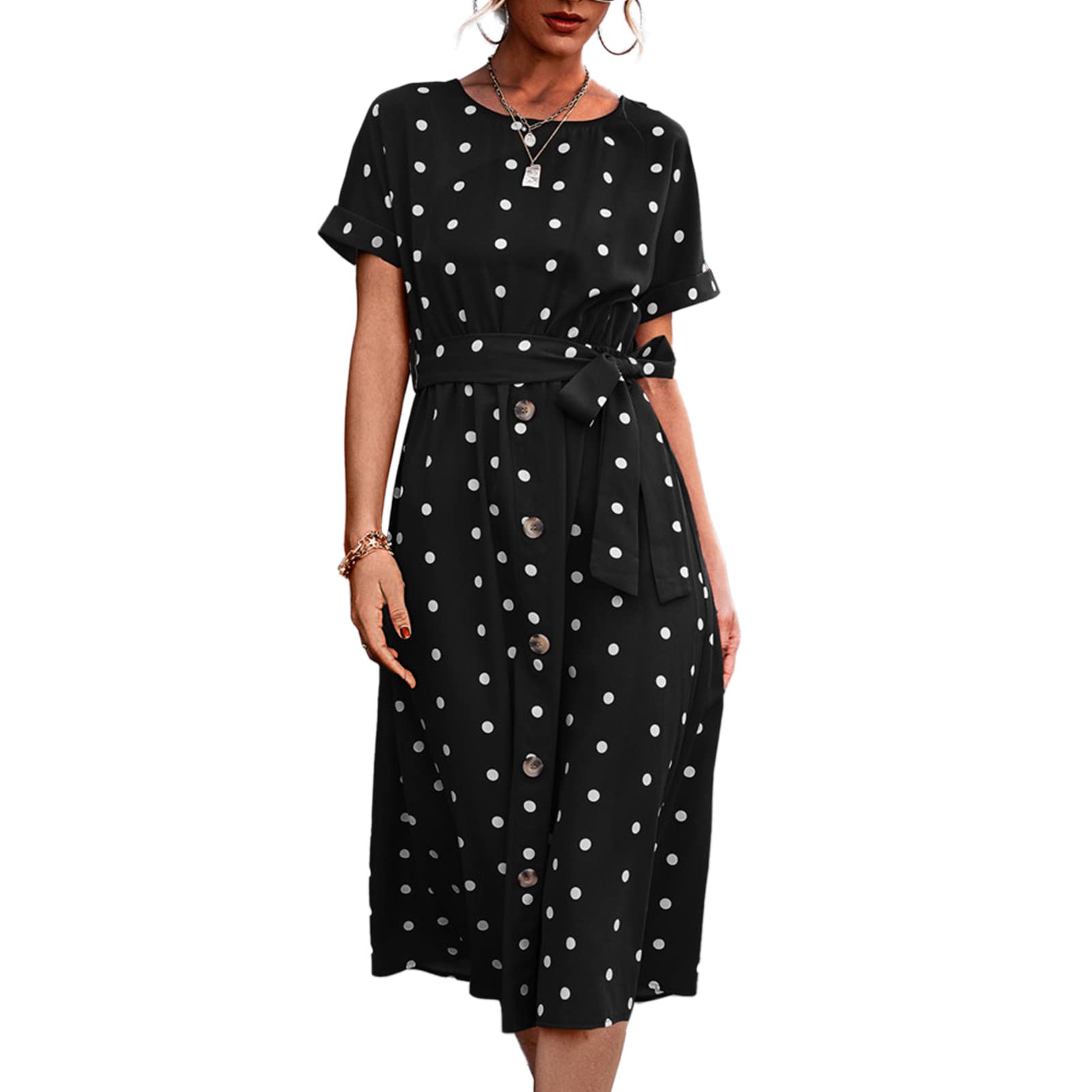 Keenso Women's Summer Maxi Dress with Dots Print, Short Sleeve, Waist Belt, Round Collar & Front Buttons - Perfect for Beach, Vacation & Casual Outings (M, Black)