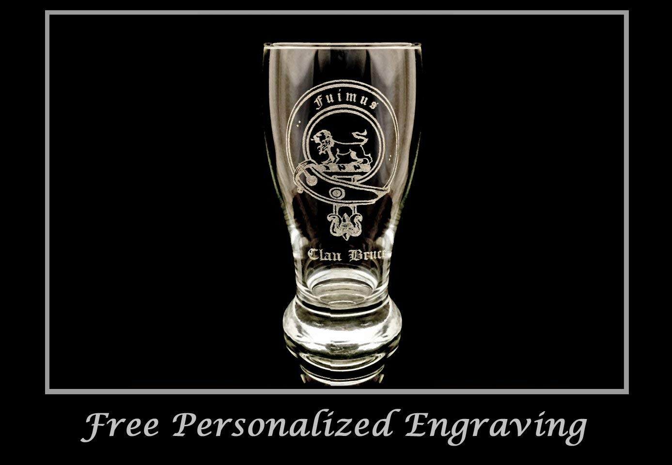 Clan Bruce Scottish Crest Pint Glass Set of 4 - Personalized Engraved Beer Mugs with Family Crest for Pubs, Bars & Home Use - Perfect for Gifts, Parties & Scottish Heritage Celebrations