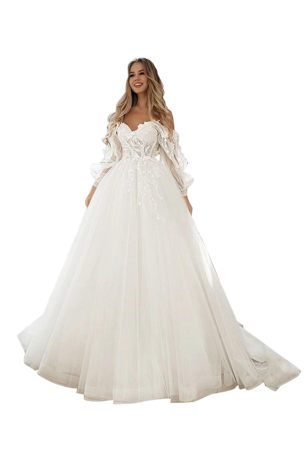 SoDigne 2025 Lace Applique Long Sleeve Tulle Wedding Dress - Elegant Summer Bridal Gown for Women | Perfect for Beach, Garden & Church Ceremonies