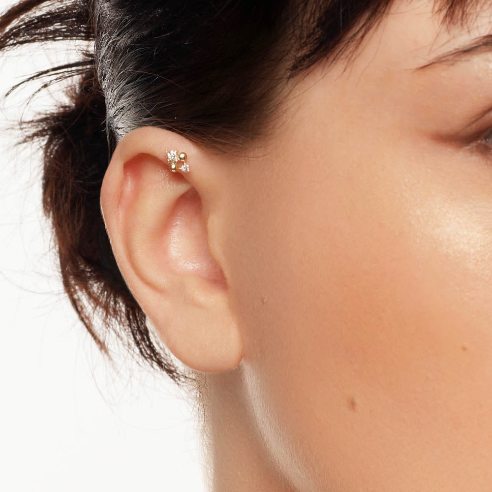 10k Gold Diamond and Ball Quartet Helix Single Stud Earrings – Elegant Body Jewelry for Cartilage, Tragus, or Helix Piercing – Perfect for Parties, Weddings, and Everyday Wear