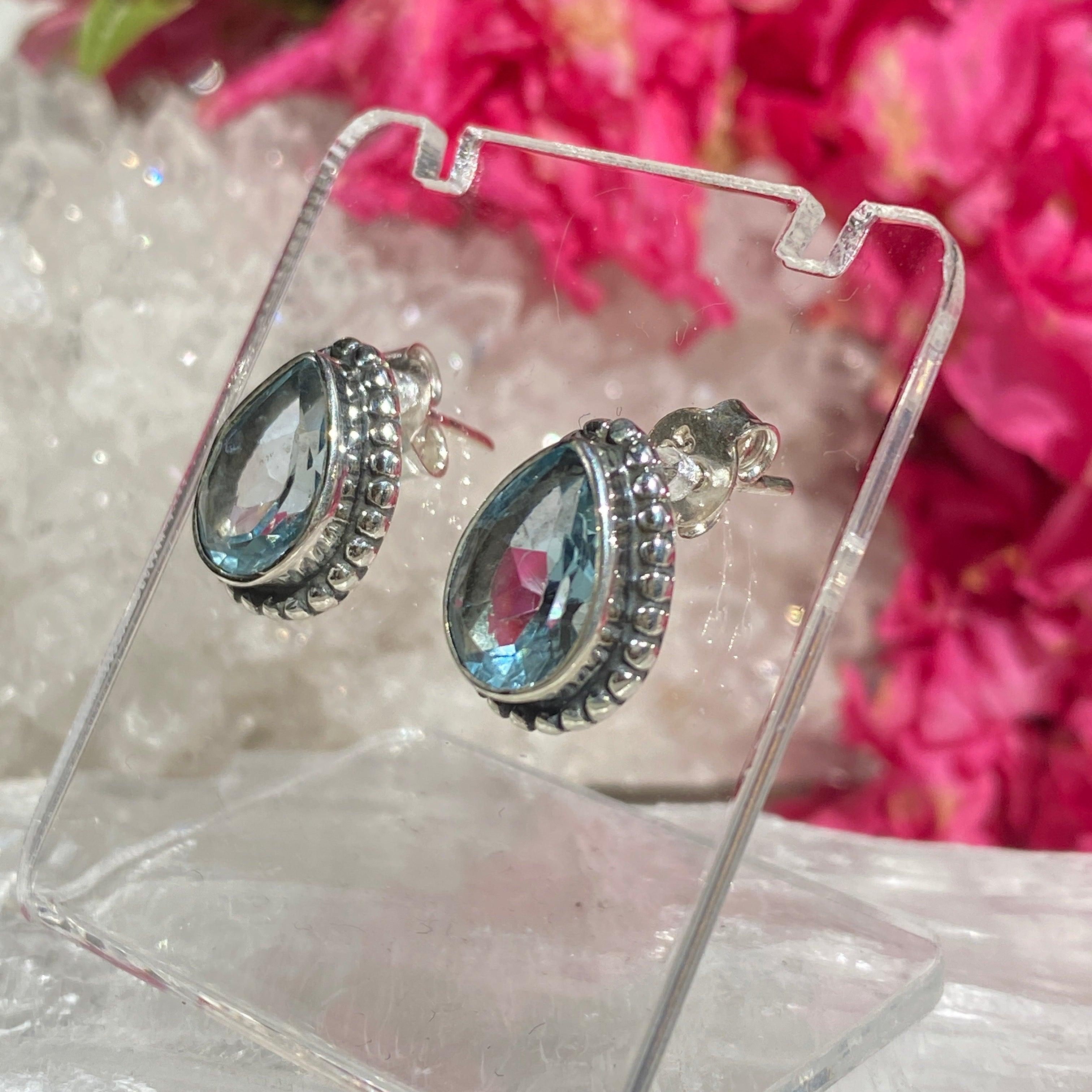 Blue Topaz Faceted Teardrop Stud Earrings for Women - Elegant Cubic Zirconia Jewelry Gift for Birthday, Anniversary & Special Occasions - Perfect for Parties, Weddings & Everyday Wear (Style KEGJ1063)