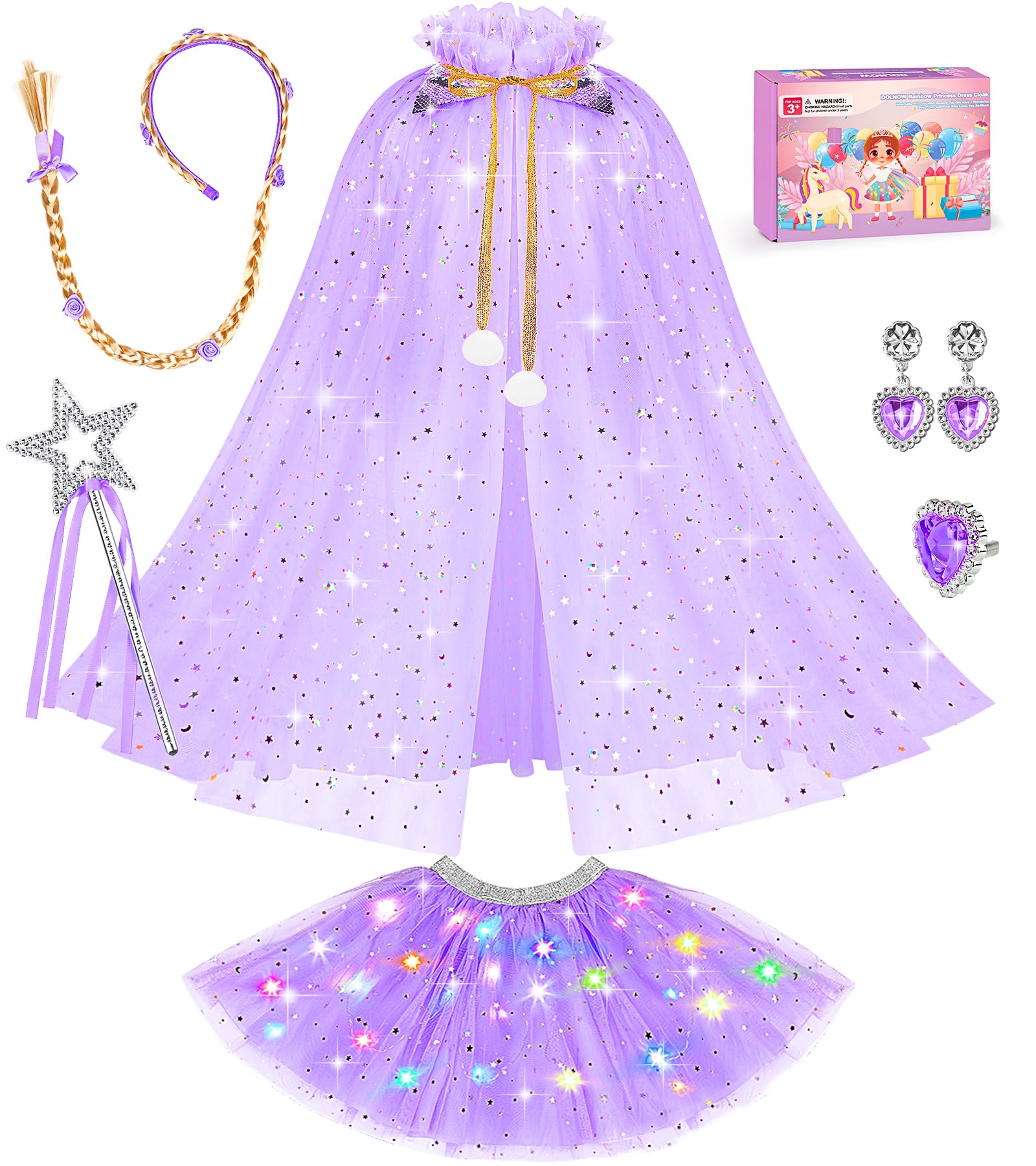 Glow in the Dark Princess Costume Set for Girls Age 3-6 - Sparkling Dress, Cape & Crown for Birthday Parties, Halloween & Dress-Up Play
