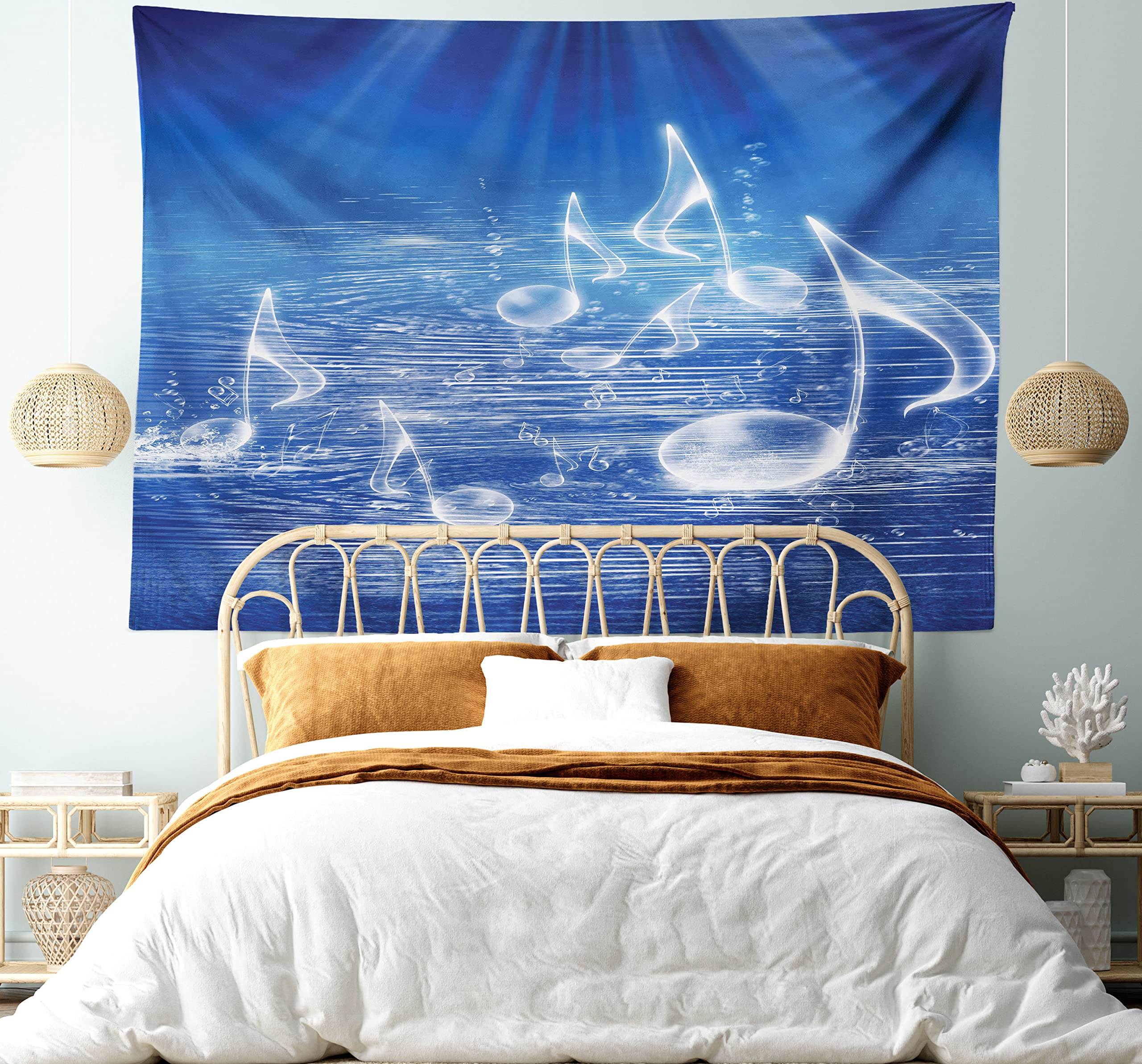 Ambesonne Music Themed Tapestry - Water Musical Notes & Dancing Waves Fantasy Design, Blue & White Fabric Wall Hanging Decor for Bedroom, Living Room, Dorm (45