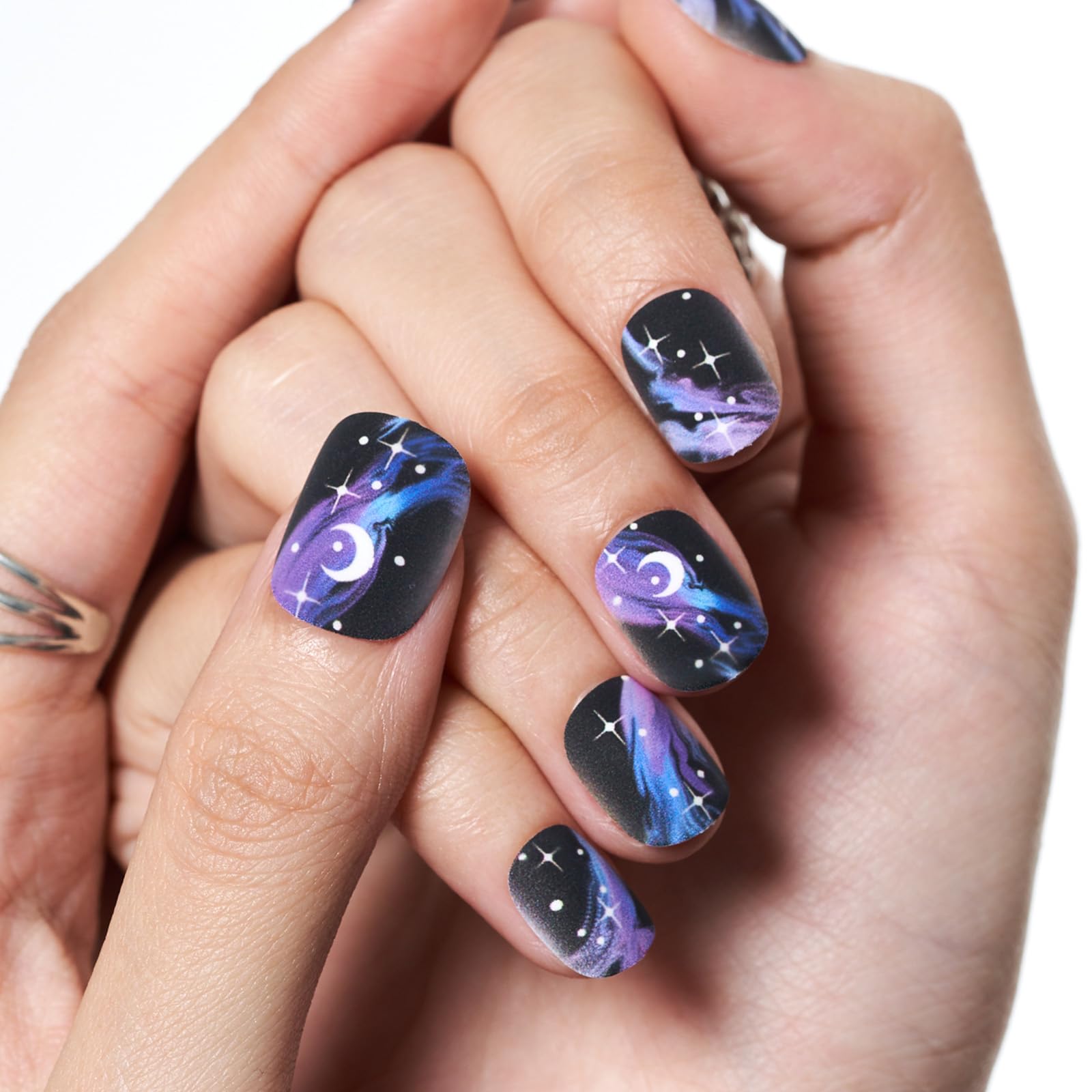 Glamermaid Extra Short Squoval Press On Nails - 24Pcs Matte Round Reusable Fake Nails with Galaxy Purple Mist & Milky Way Gel Glue - UV Finish Acrylic False Nails Manicure Kit for Women | Perfect for Parties, Weddings, and Everyday Glam