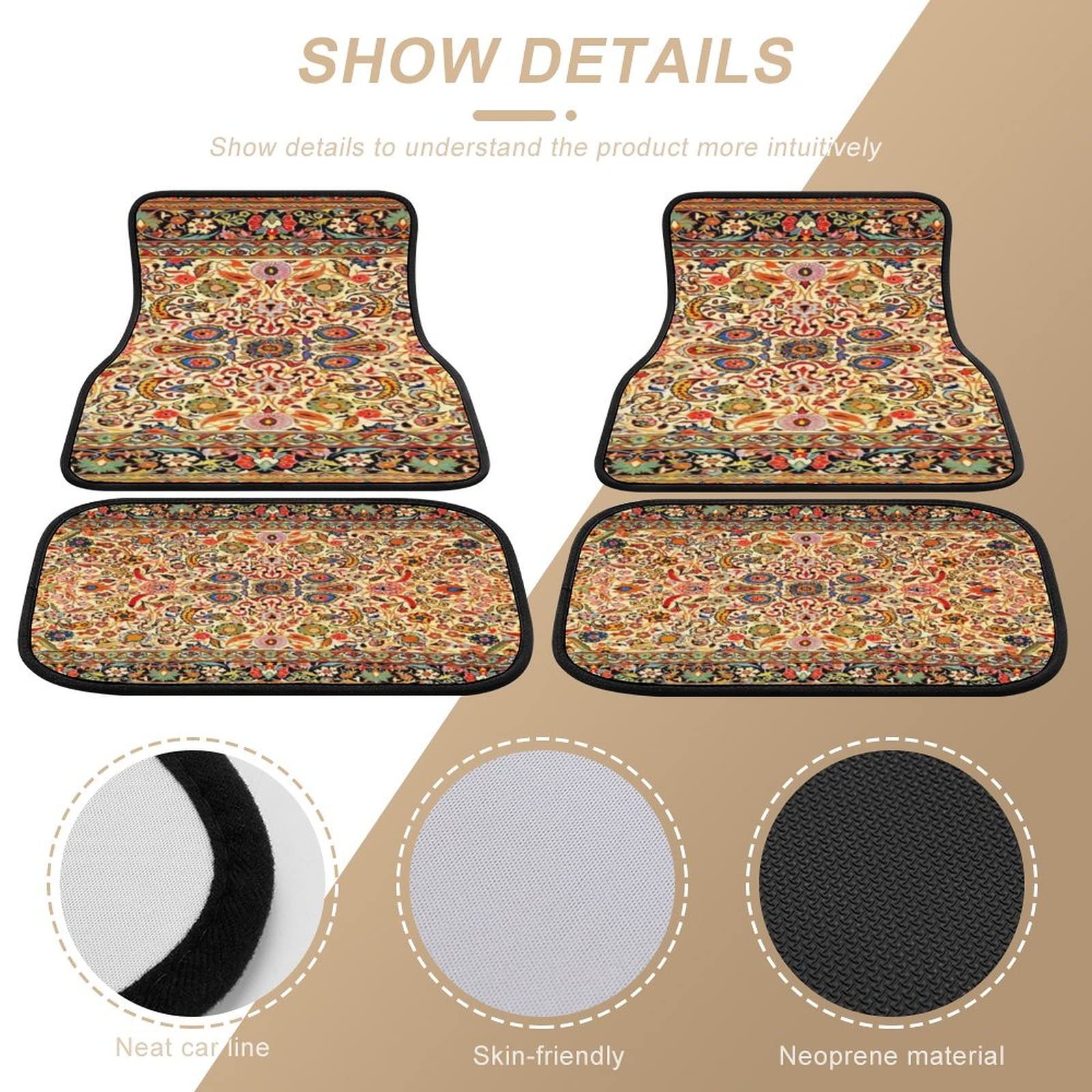 Antique Persian Style 4-Piece Car Floor Mats Set - Universal Fit for SUV, Vans, Sedans & Trucks - All-Weather Protection Car Carpets - Perfect for Road Trips, Daily Commute & Interior Protection
