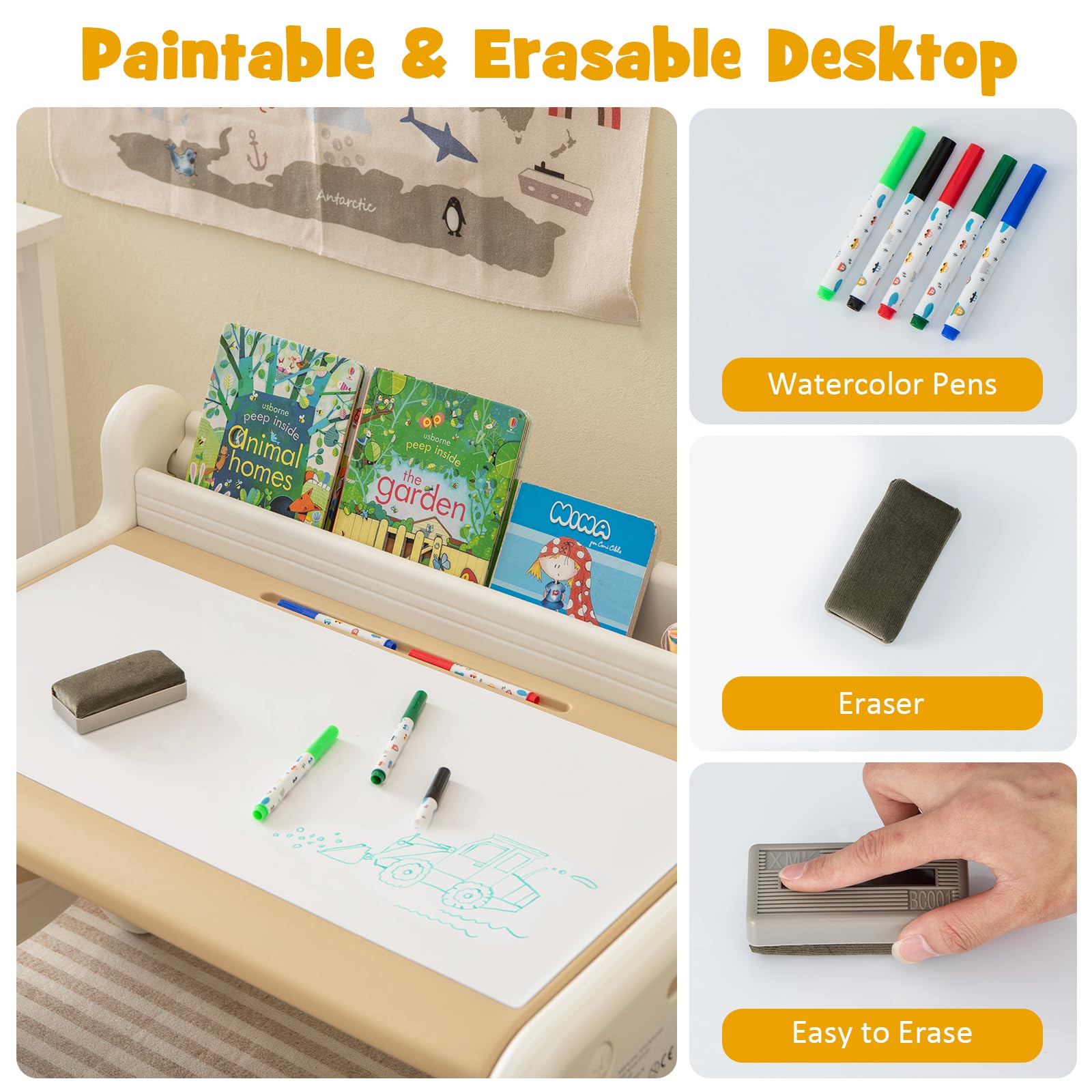 Costzon Kids Table and Chair Set - Plastic Activity Table with Watercolor Pens, Blackboard Eraser & Storage Shelf for Drawing, Reading, Playing & Eating - Toddler Table and Chair Set (Coffee) - Perfect for Preschool Learning, Arts & Crafts, and Playroom Activities