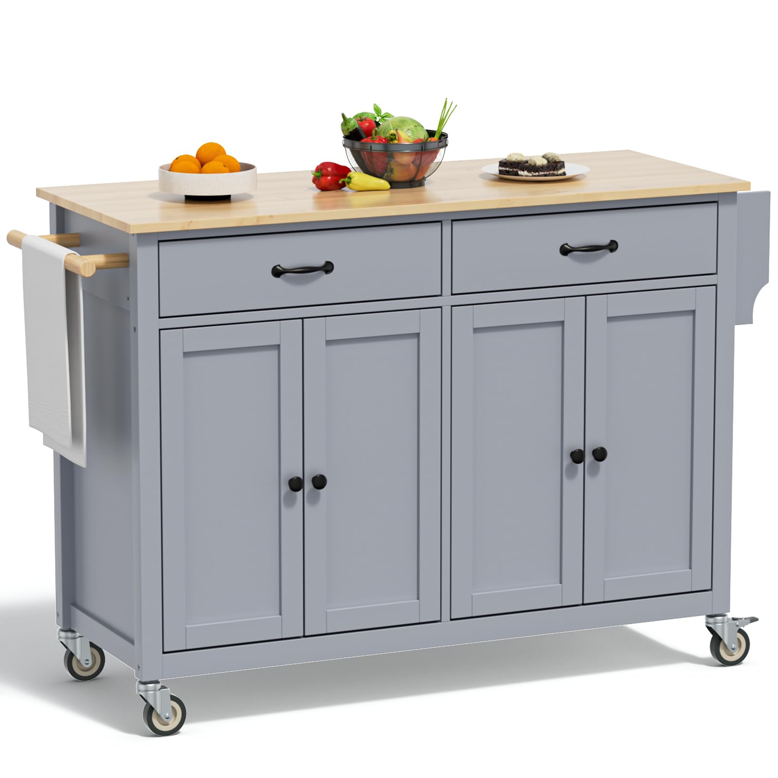 Rovibek 54-Inch Portable Kitchen Island with Wheels - Large Wooden Rolling Storage Cart with Drawers, Cabinet, Spice Rack & Towel Rack - Grey - Perfect for Small Kitchens, Apartments & Mobile Cooking Spaces