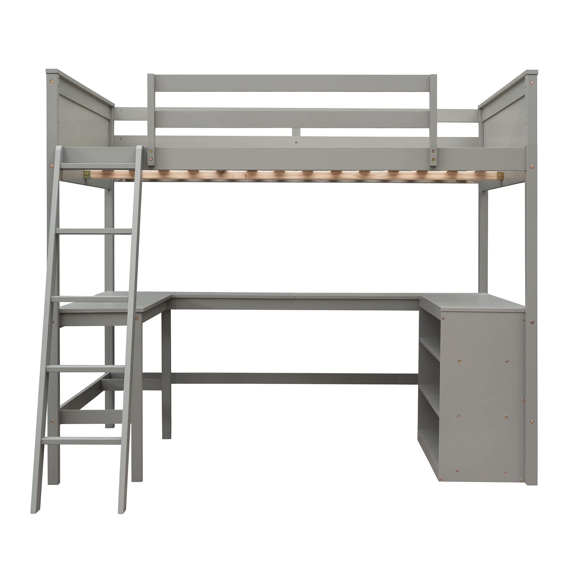 Merax Full Size Loft Bed with Shelves & Study Desk - Sturdy Wooden Bunk Bed Frame in Grey - Perfect for Small Bedrooms, Dorm Rooms & Kids' Space-Saving Solutions