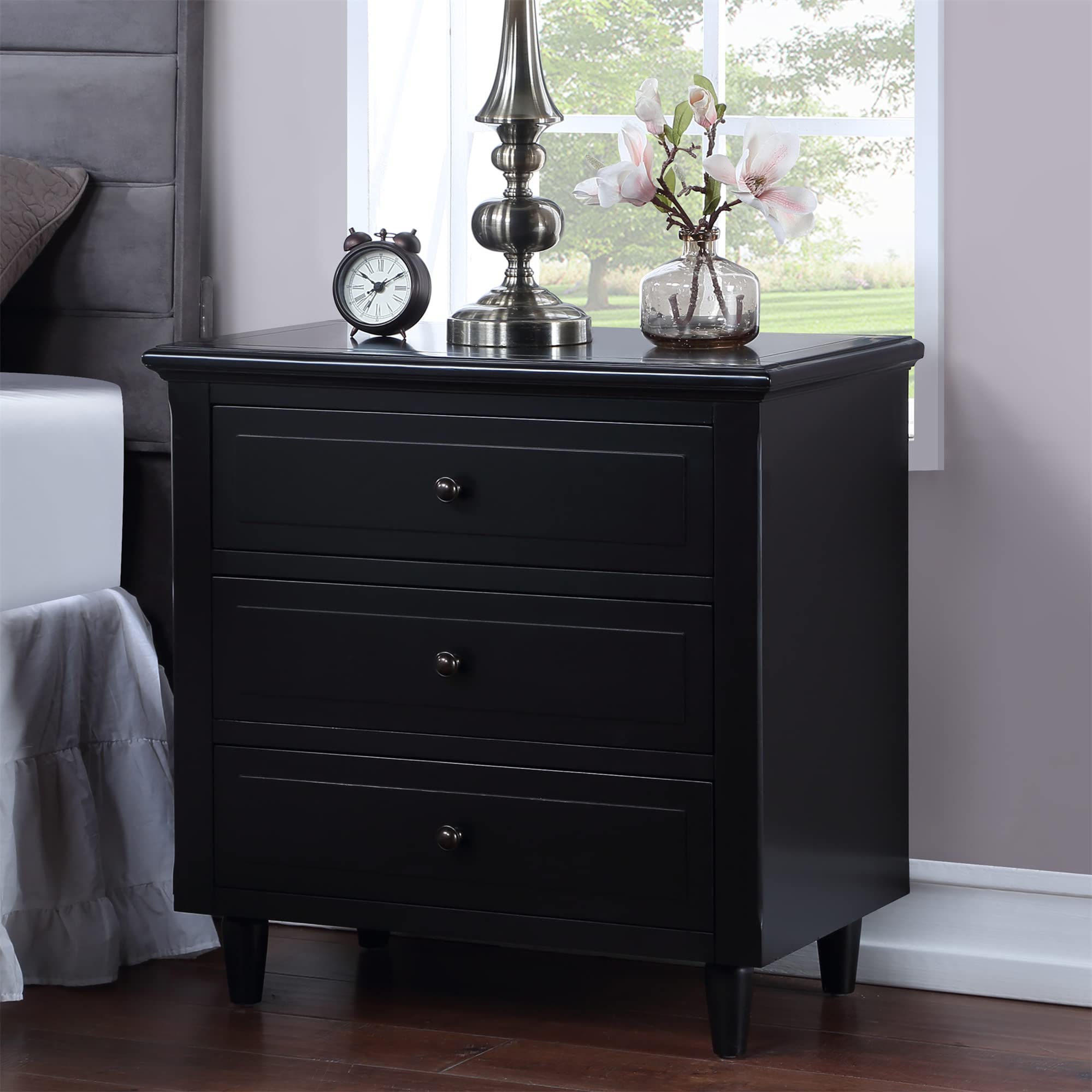 3-Drawer Solid Wood Nightstand - Modern Black Bedside Table for Bedroom & Living Room | Fully Assembled End Table for Home Decor & Storage