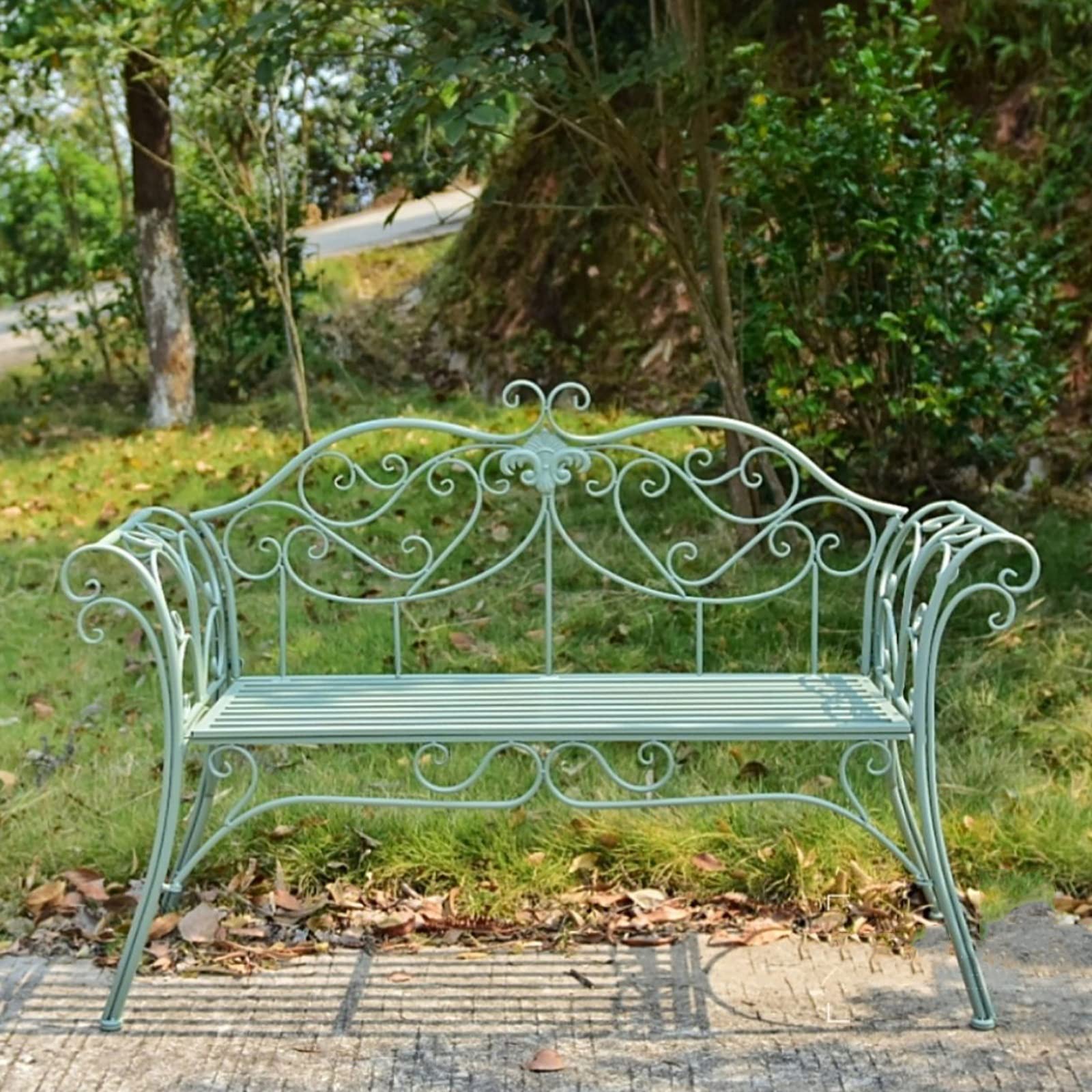 Outdoor Metal Garden Bench with Decorative Cast Iron Backrest - Double Seat Patio Furniture for Garden, Yard, Balcony, Park, Porch & Sunroom - Durable Green Outdoor Seating for Relaxing in Nature