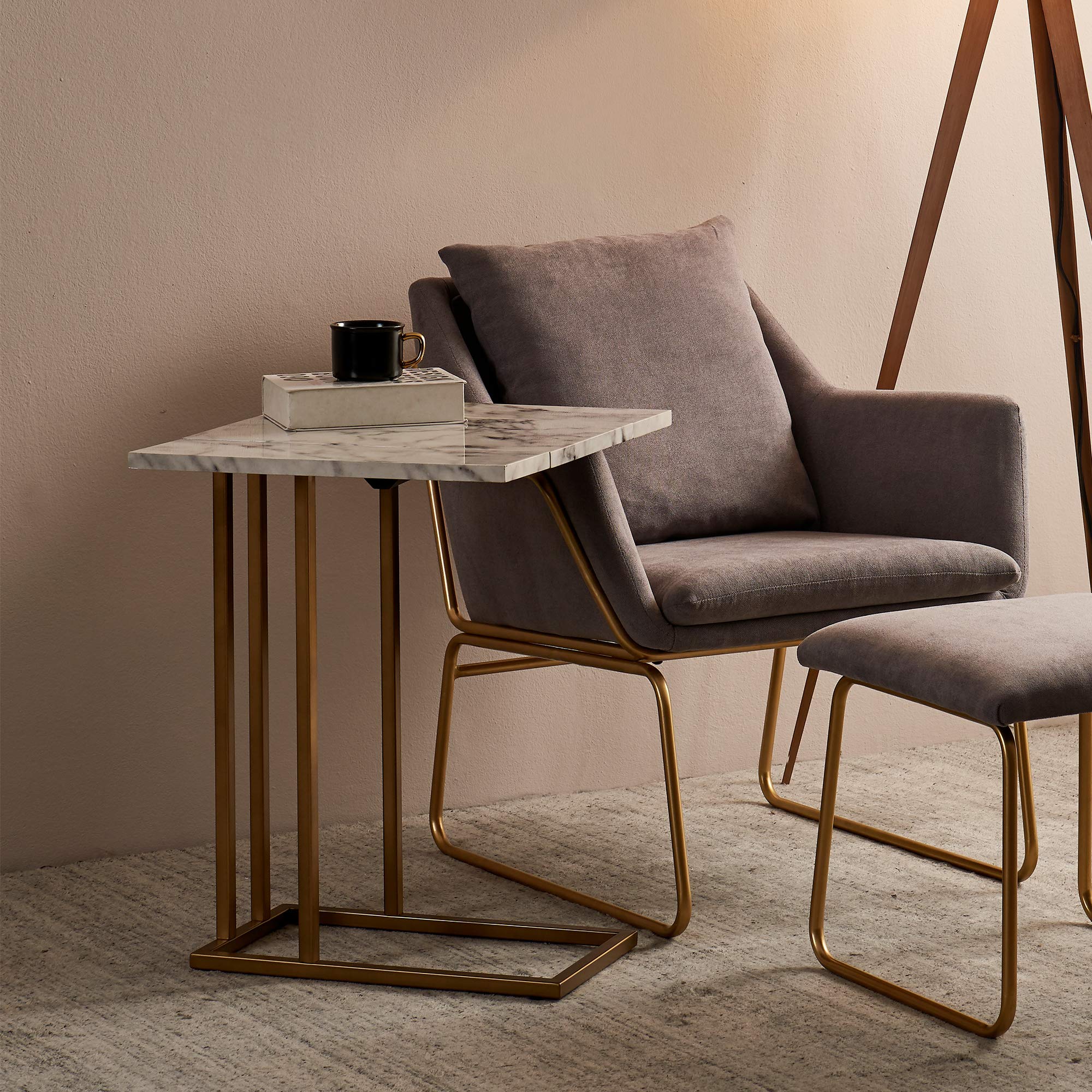 Versanora Marmo C-Shaped Accent Side Table with Faux Marble Top - 25 Inch Height, Brass Finish - Perfect for Living Room, Home Office & Bedroom Decor