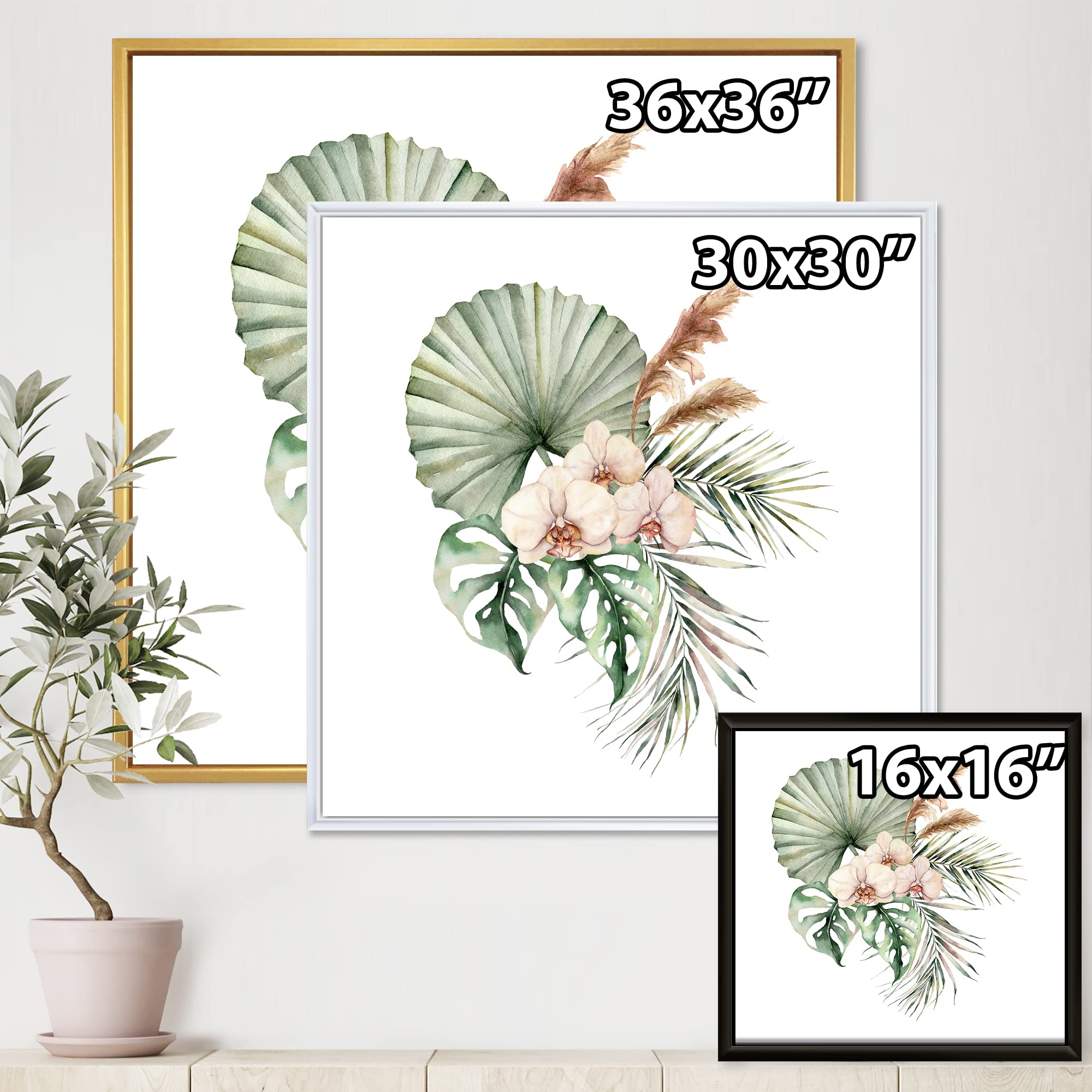DesignQ Tropical Bouquet With Orchids & Palm Leaves - Framed Canvas Wall Art Print for Home Decor, Living Room, Bedroom, Office | Vibrant Floral Painting | Ready to Hang