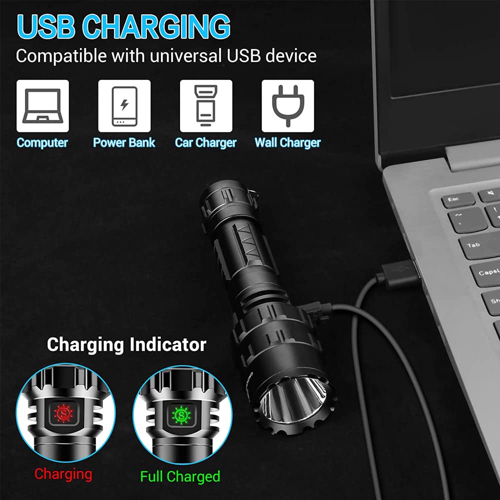 Rechargeable 100000 Lumen Tactical Flashlight with Rail Mount - Super Bright LED Weapon Light, 5 Modes, Waterproof, Includes Pressure Switch - Perfect for Hunting, Camping & Outdoor Adventures