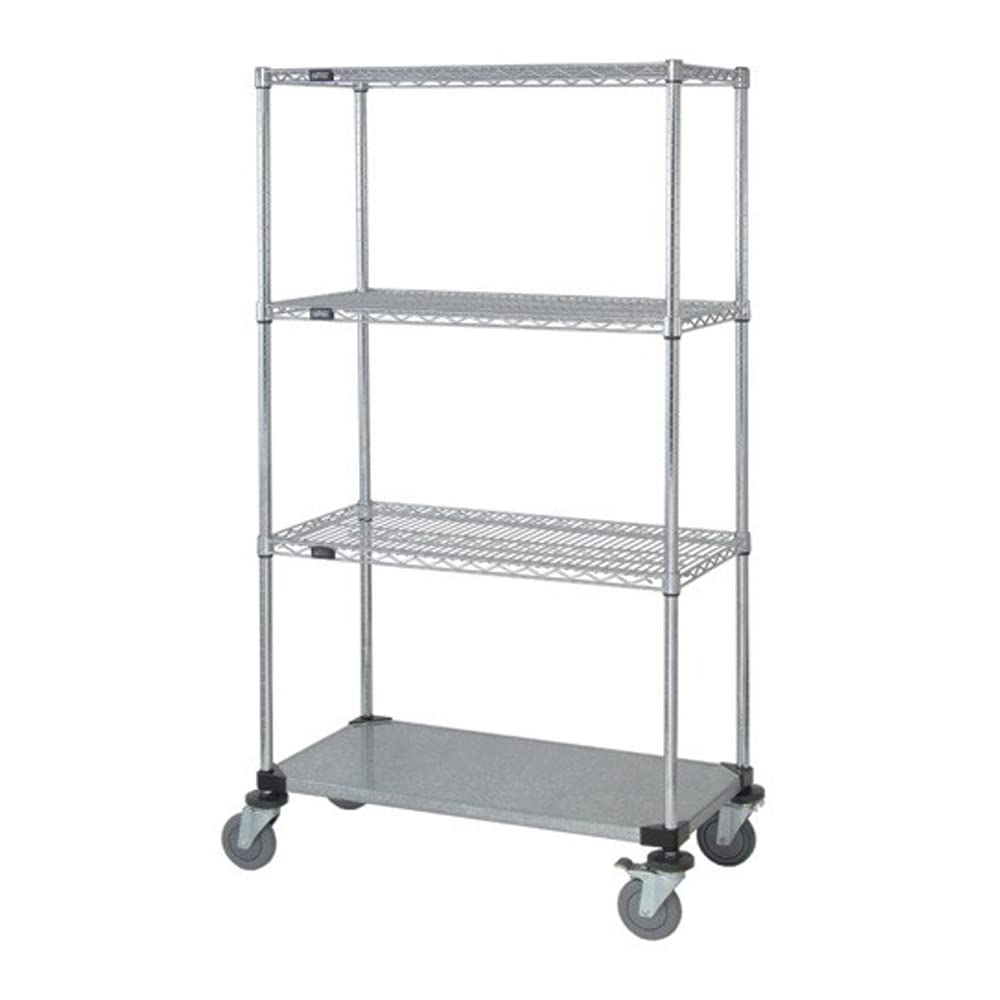 Quantum Storage Systems M1836CG47 4-Tier Wire Shelving Mobile Cart with Stem Caster - 3 Wire & 1 Solid Shelf, Chrome Finish, 80