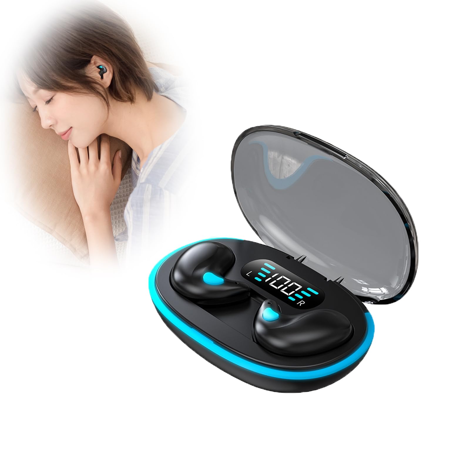 Bone Conduction Bluetooth Headphones for Sleeping, Wireless 5.3 Noise Cancelling Sports Earbuds with LED Digital Display Charging Case - Perfect for Running, Gym Workouts & Office Use (Black)