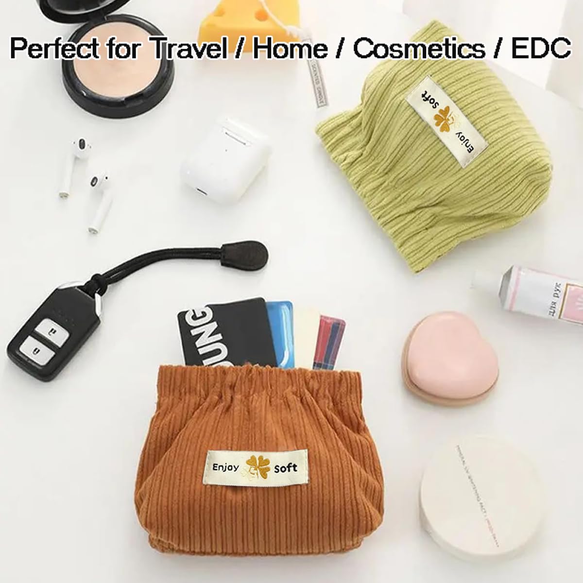 2 Pack Small Corduroy Pouches for Women & Girls - Mini Travel Makeup Bag, Coin Purse, Lipstick & Jewelry Organizer - Squeeze-Open Cosmetic Storage Bag for Hair Accessories (Coffee & Green) - Perfect for Travel, Daily Use & Gift Giving