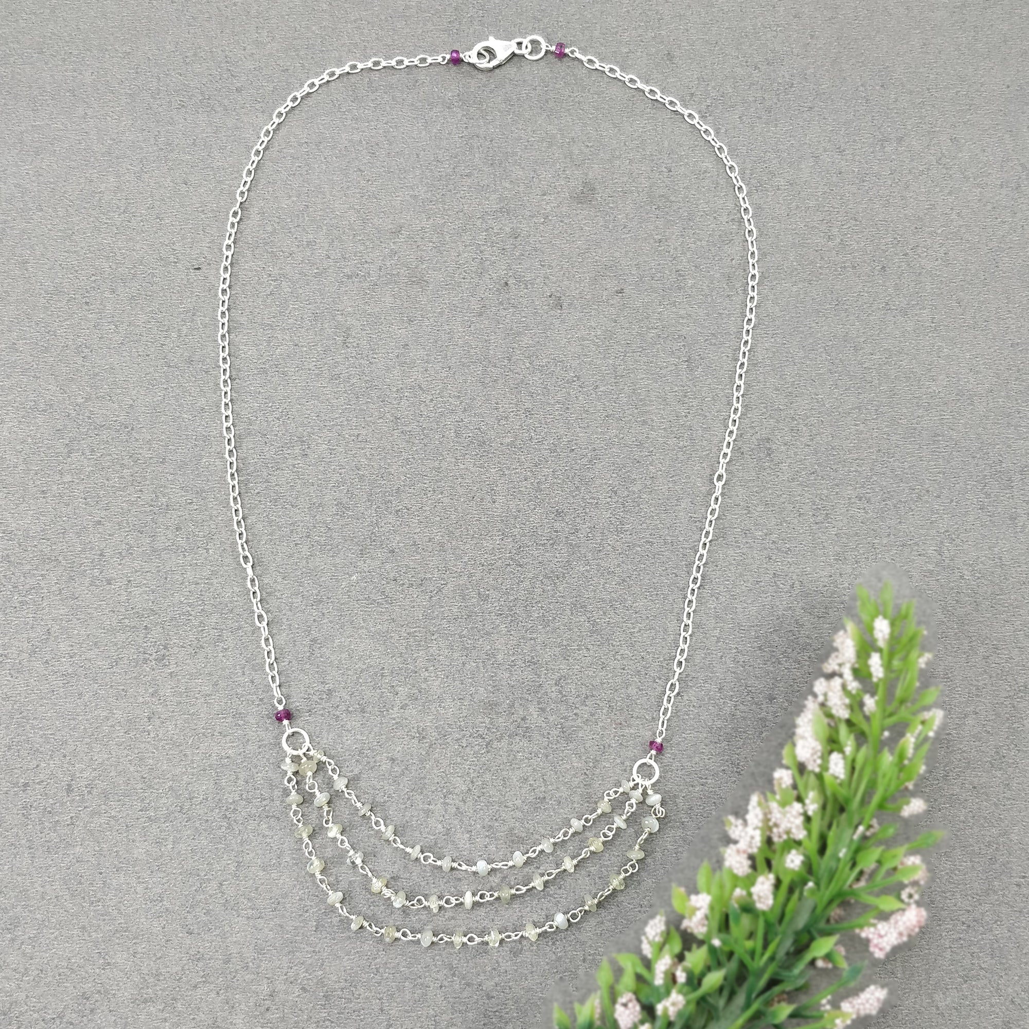 Natural Chrysoberyl Cat's Eye & Ruby Beaded Necklace - 27.65cts Untreated Gemstones with 925 Sterling Silver (3mm-3.5mm, 19