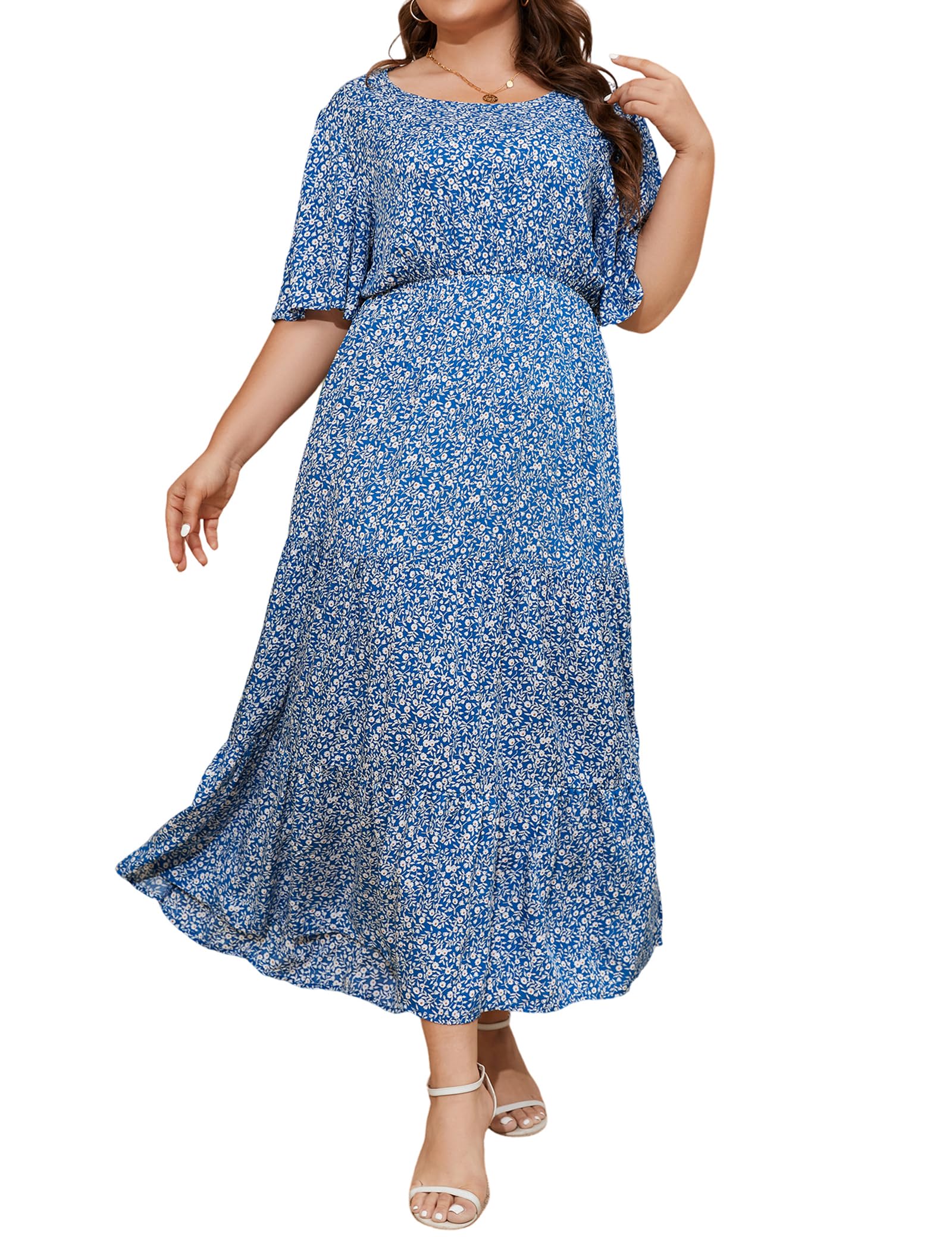 ANOTHER CHOICE Plus Size Floral Maxi Dress for Women - Short Sleeve Boho Casual Dress with Modest Fit | Perfect for Summer Outings, Beach Vacations & Boho Chic Style