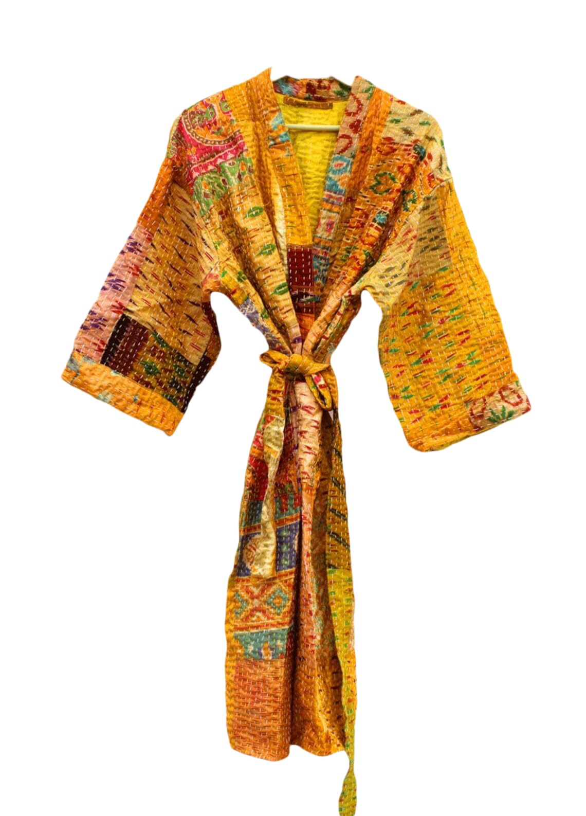 Rajbhoomi Women's Handmade Silk Patola Kantha Quilted Kimono Robe - Elegant Patchwork Overcoat Jacket for Lounge Wear & Special Occasions