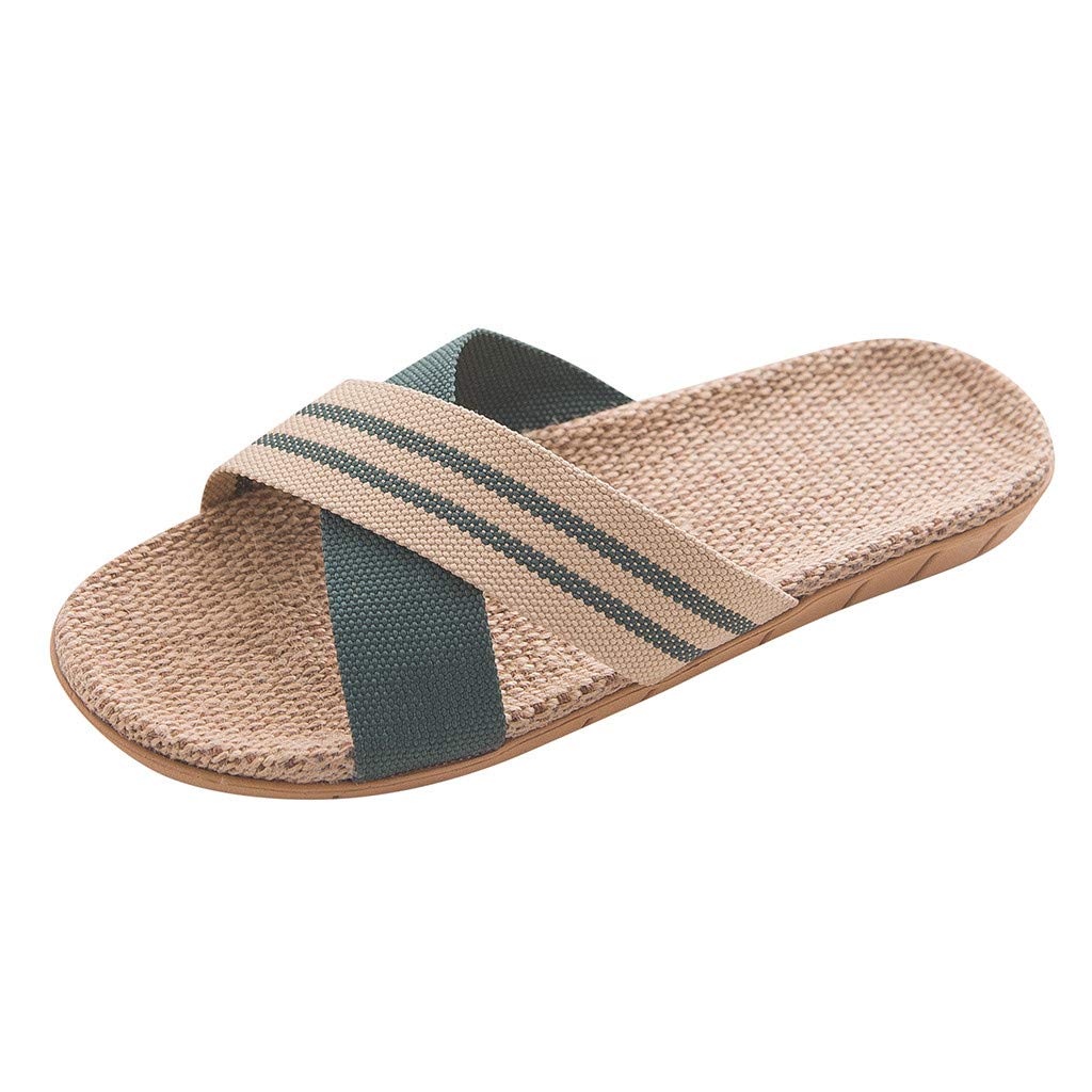 Men's Black Leather Linen Flat Toe Slippers - Anti-Slip Beach & Indoor Open Home Shoes - Perfect for Lounging, Travel & Casual Wear