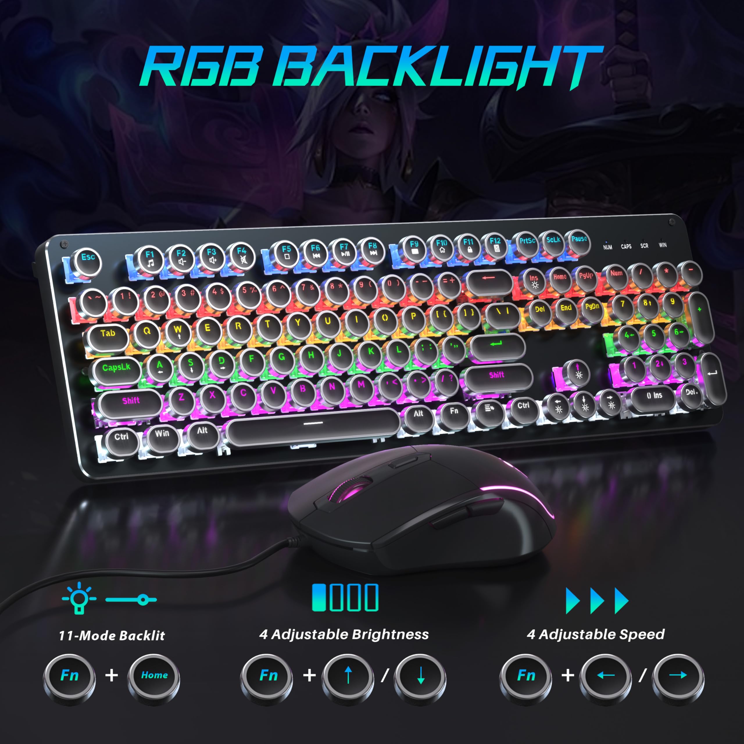 Retro Mechanical Gaming Keyboard and Mouse Combo - Blue Switch, RGB Backlit 104 Keys, Metal Panel, Round Keycaps for PC, Mac, Laptop | Perfect for Typing, Gaming & Office Work