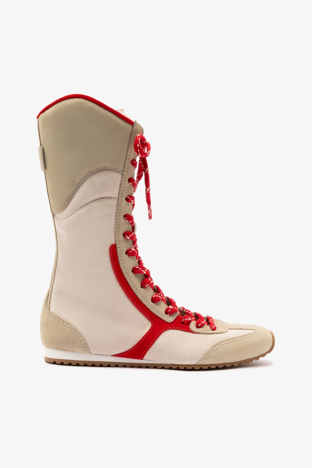 Larroudé x Jonathan Cohen Flat Lo Sneaker Boot - Ivory, Oyster Grey & Scarlet Suede | Comfortable Women's Casual Shoes for Everyday Wear, Office & Weekend Outings