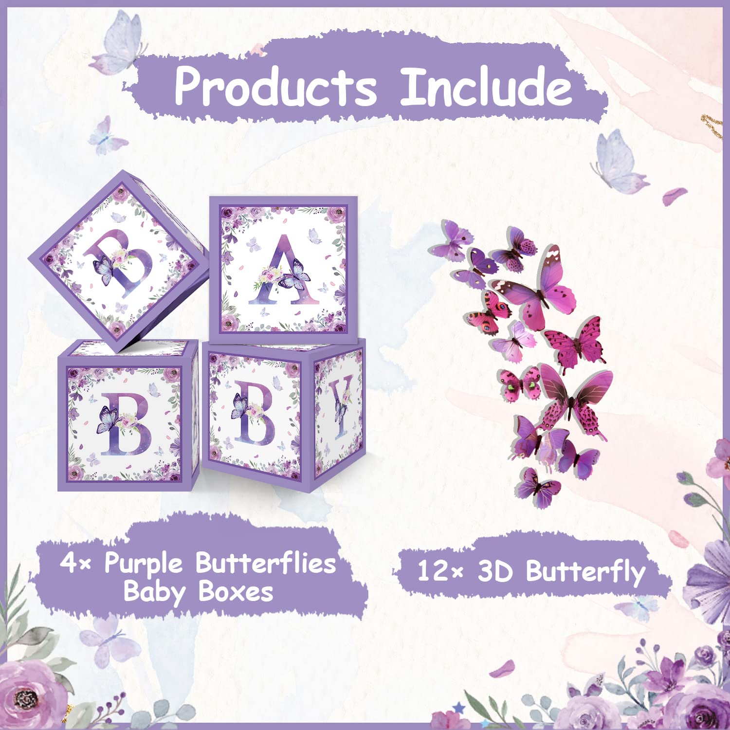 Purple Butterfly Baby Shower Decor Boxes - 4pc Gender Reveal & Birthday Centerpieces for Party Decorating